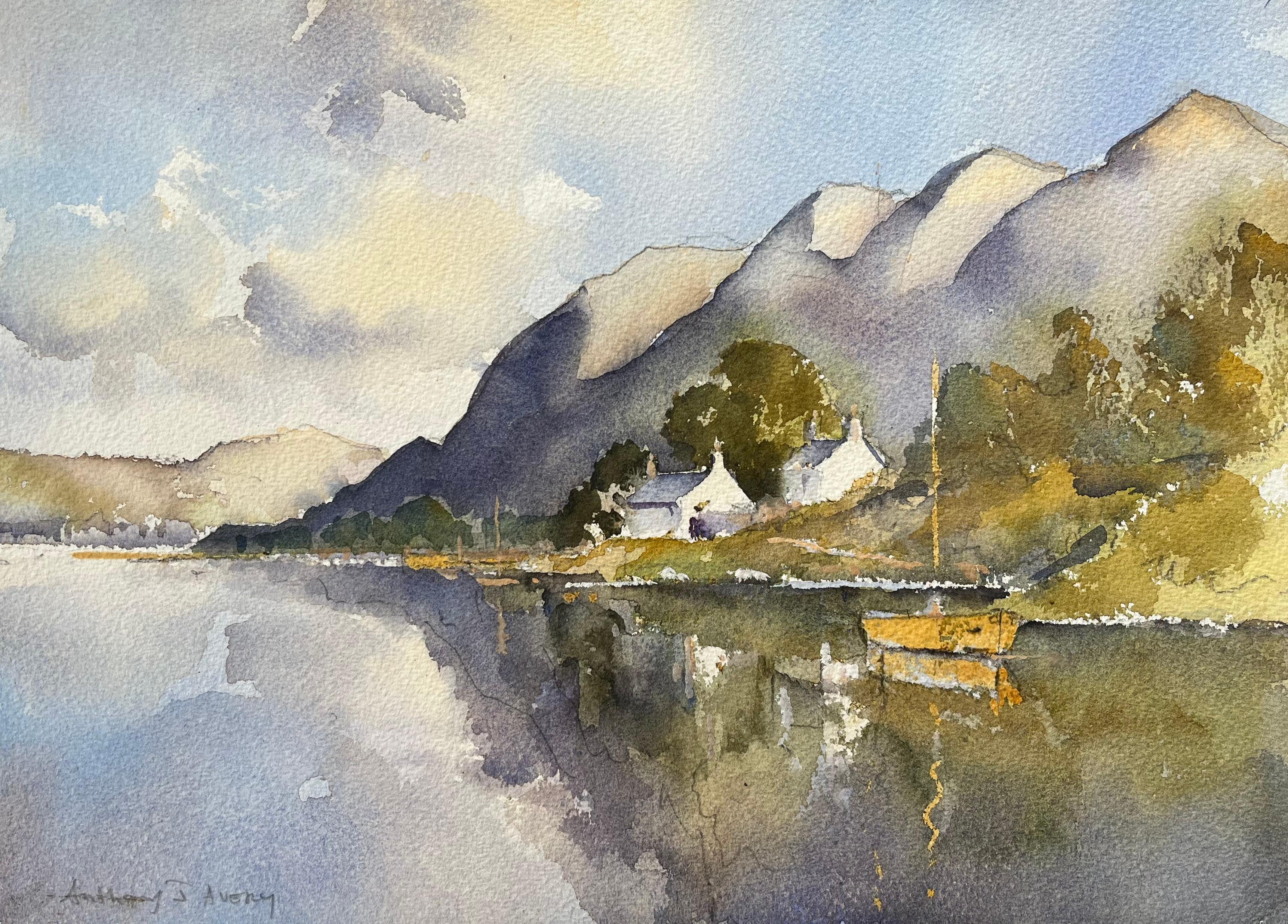 Britisches impressionistisches Aquarell von Lochside-Häusern mit Reflexionen auf Wasser, British Impressionismus