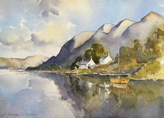 Acquerello impressionista britannico di cottage sul lago con riflessi sull'acqua