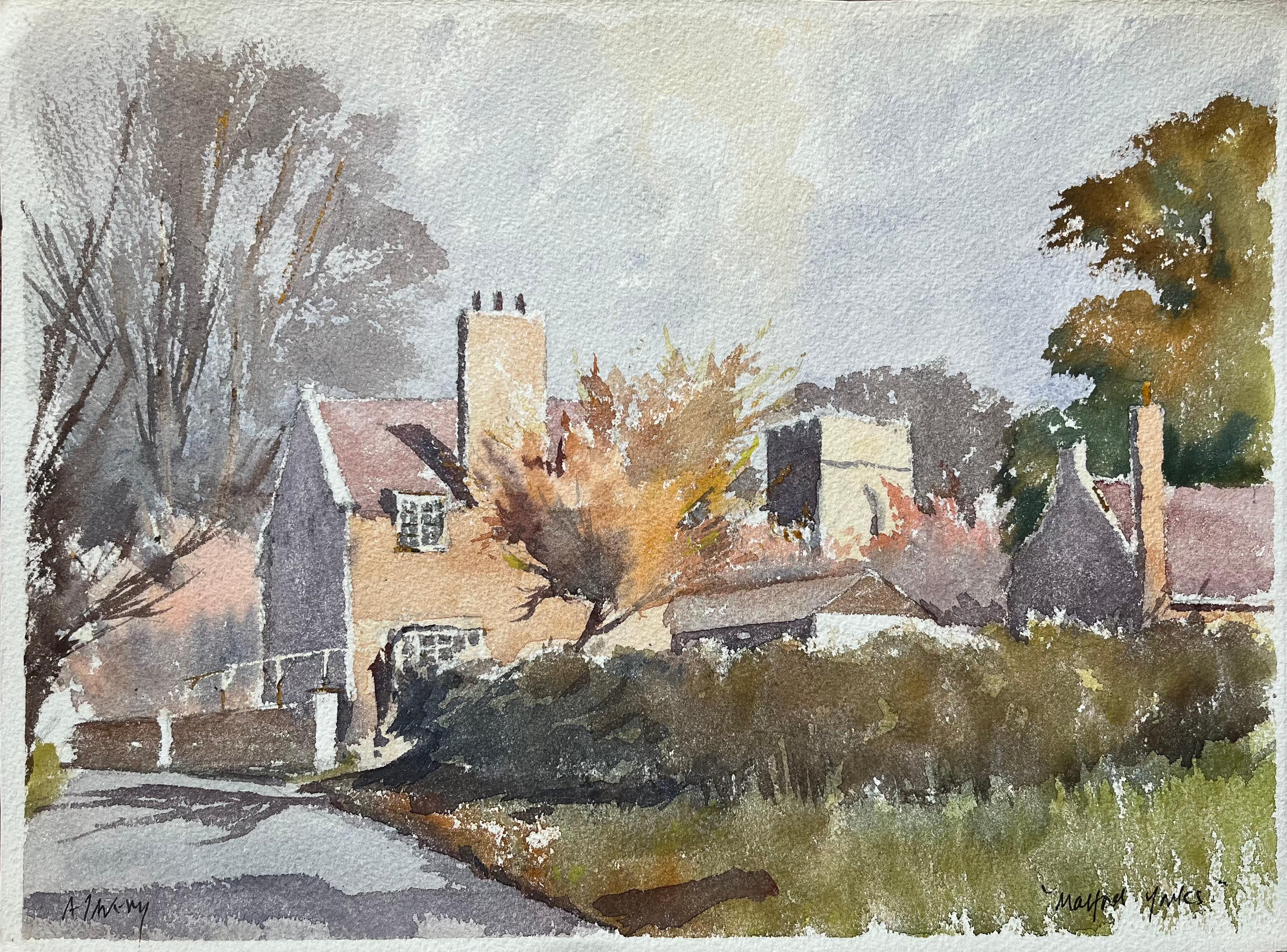 Britischer Impressionist Aquarell von Malford Yales Dorfszene im Herbst