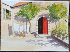 Acuarela impresionista británica de escena de patio mediterráneo con puerta roja