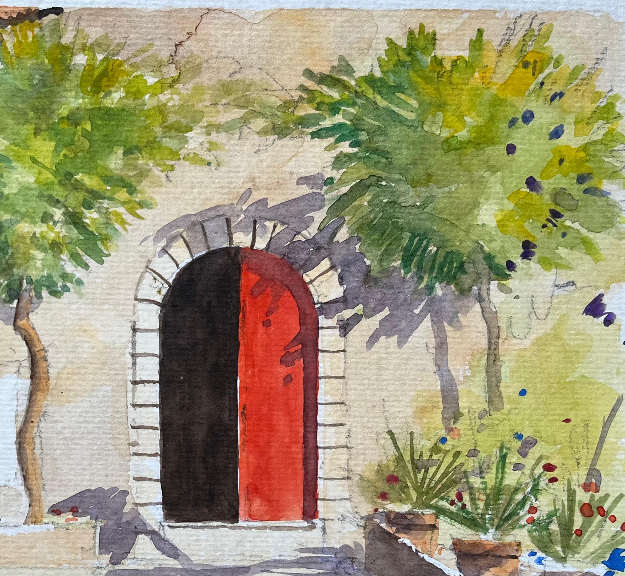 Acuarela impresionista británica de escena de patio mediterráneo con puerta roja - Painting Impresionista de Anthony Avery