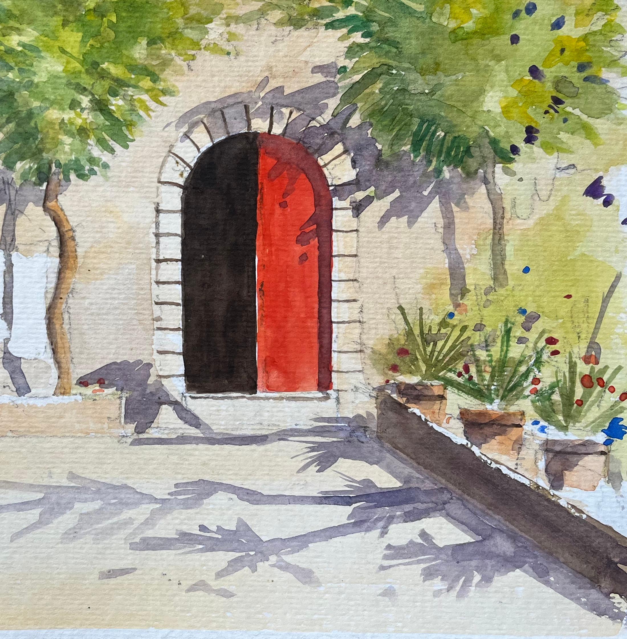 Acuarela impresionista británica de escena de patio mediterráneo con puerta roja - Landscape Painting Gris de Anthony Avery