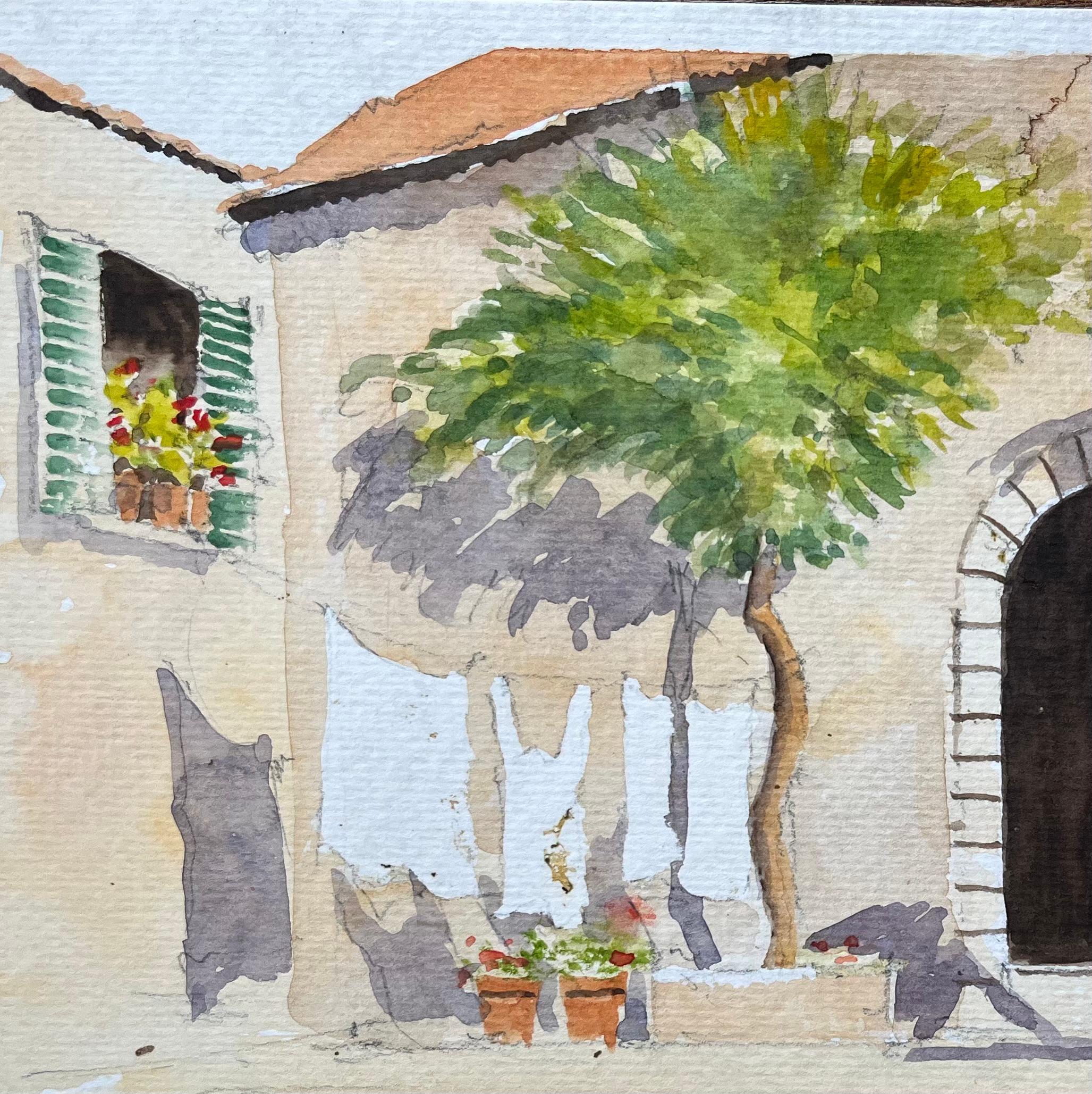 Título: Acuarela impresionista británica de escena de patio mediterráneo con puerta roja 
Por Anthony Avery (británico 1946-2023)
Acuarela original sobre papel de artista, sin enmarcar
Dimensiones: 9 x 12 pulgadas (Alto x Ancho)
Estado: Bueno, con