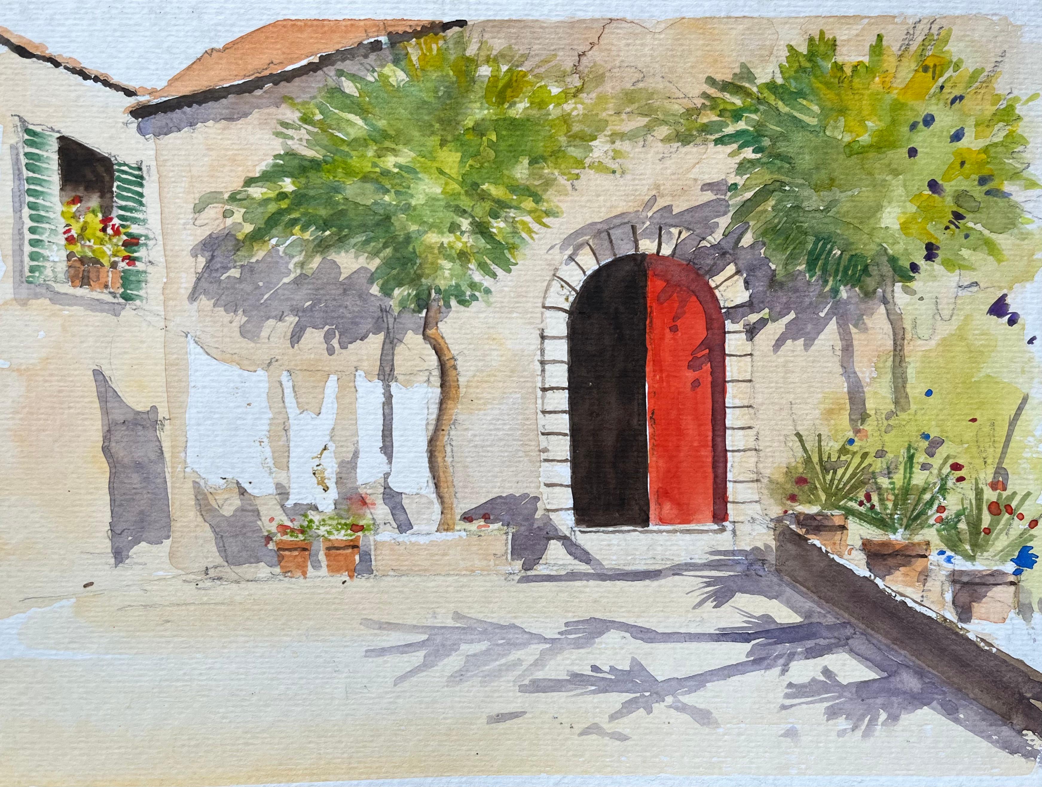 Landscape Painting de Anthony Avery - Acuarela impresionista británica de escena de patio mediterráneo con puerta roja