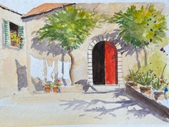 British Impressionist Watercolor of Mediterranean Courtyard Scene with Red Door