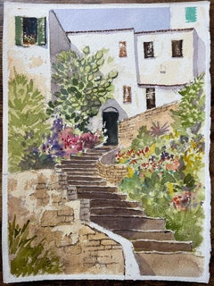 British Impressionist Watercolor of Mediterranean Garden with Steps and Flowers