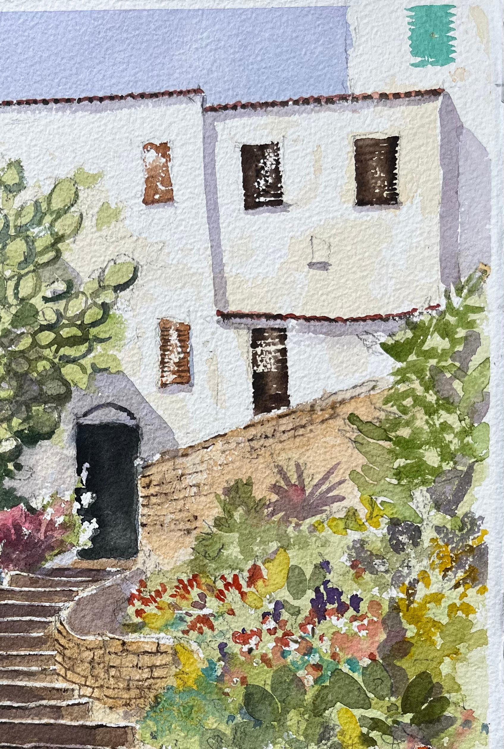 Britisches impressionistisches Aquarell des Mittelmeerraums mit Stufen und Blumen (Impressionismus), Painting, von Anthony Avery