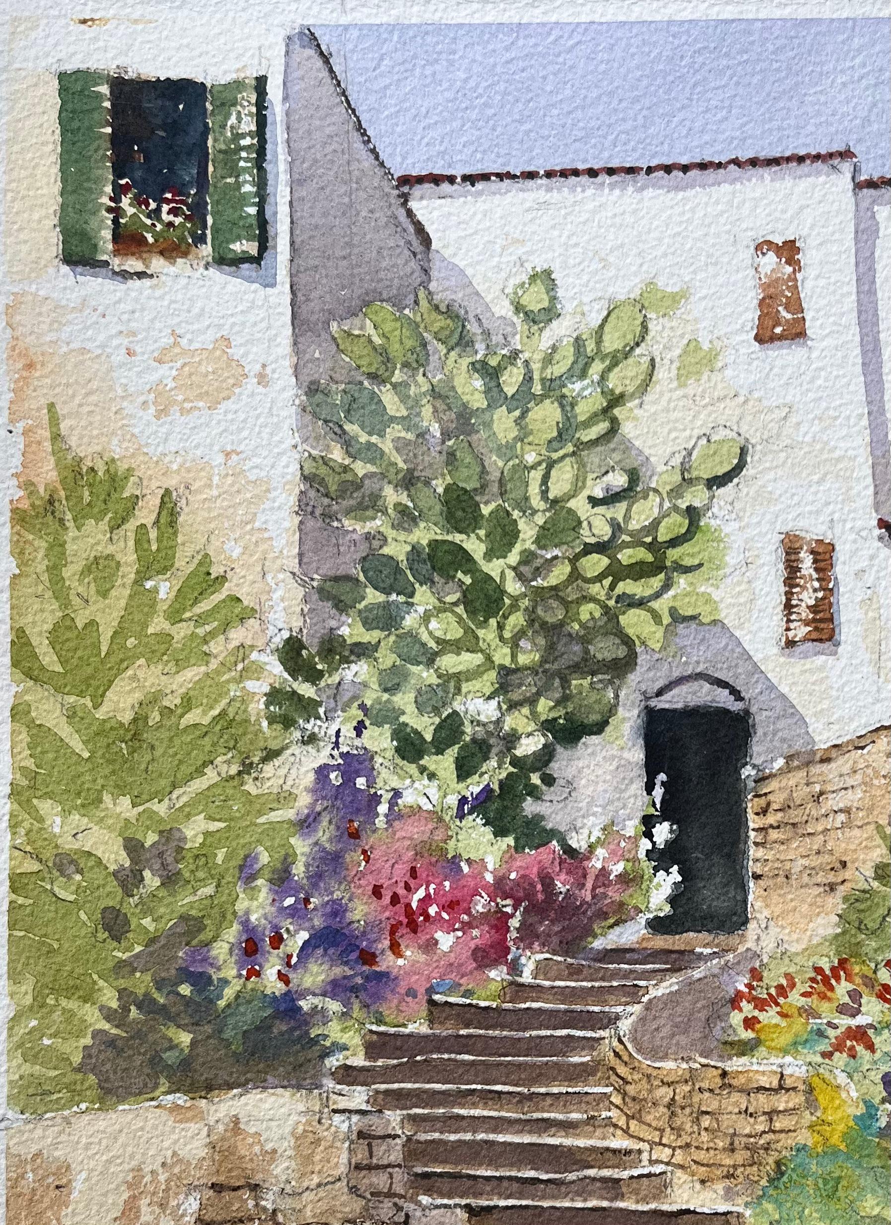 Britisches impressionistisches Aquarell des Mittelmeerraums mit Stufen und Blumen (Braun), Landscape Painting, von Anthony Avery