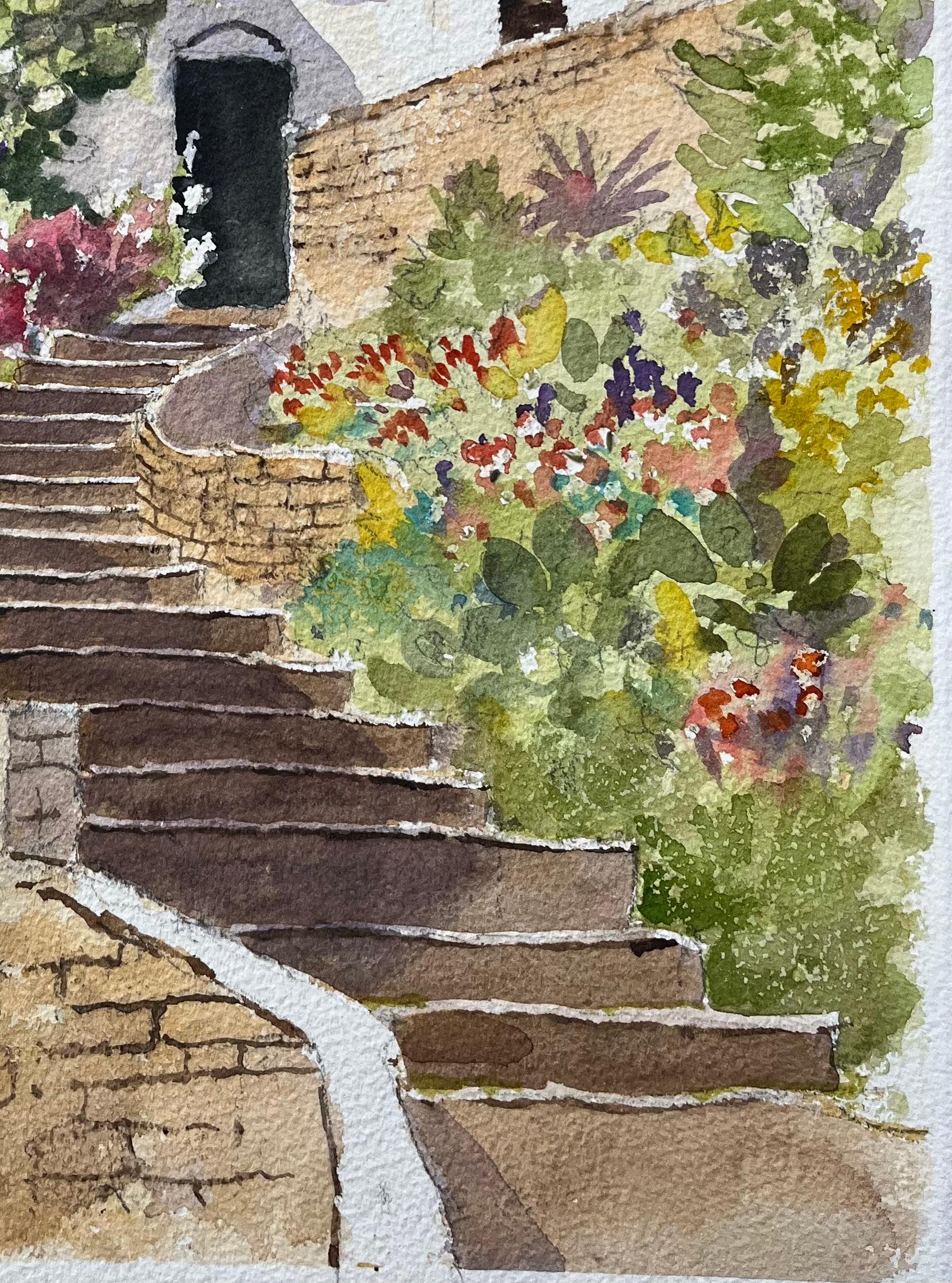 Titel: Britischer Impressionist Aquarell eines mediterranen Gartens mit Stufen und Blumen
Von Anthony Avery (Brite 1946-2023)
Original-Aquarell auf Künstlerpapier, ungerahmt
Abmessungen: 15,25 x 11,25 Zoll (Höhe x Breite)
Zustand: Gut, mit leichten