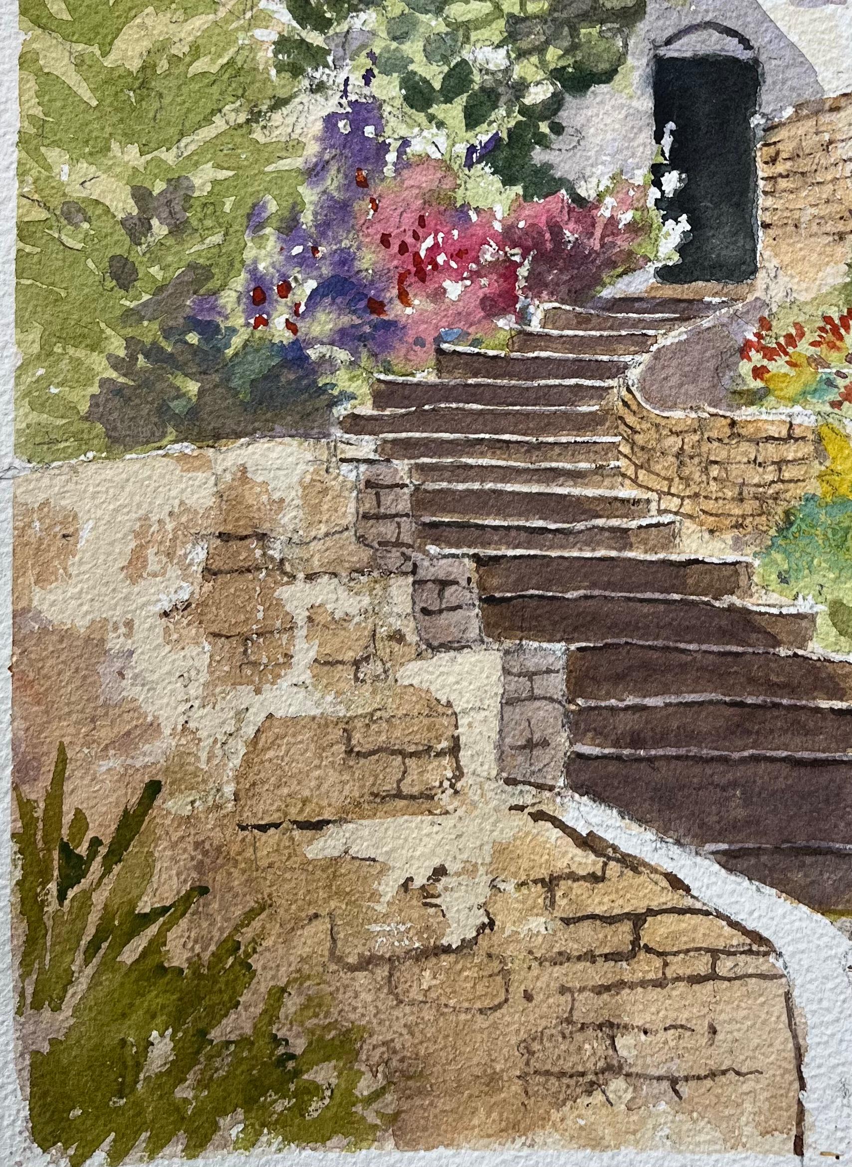 Britisches impressionistisches Aquarell des Mittelmeerraums mit Stufen und Blumen im Angebot 1