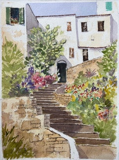 British Impressionist Watercolor of Mediterranean Garden with Steps and Flowers