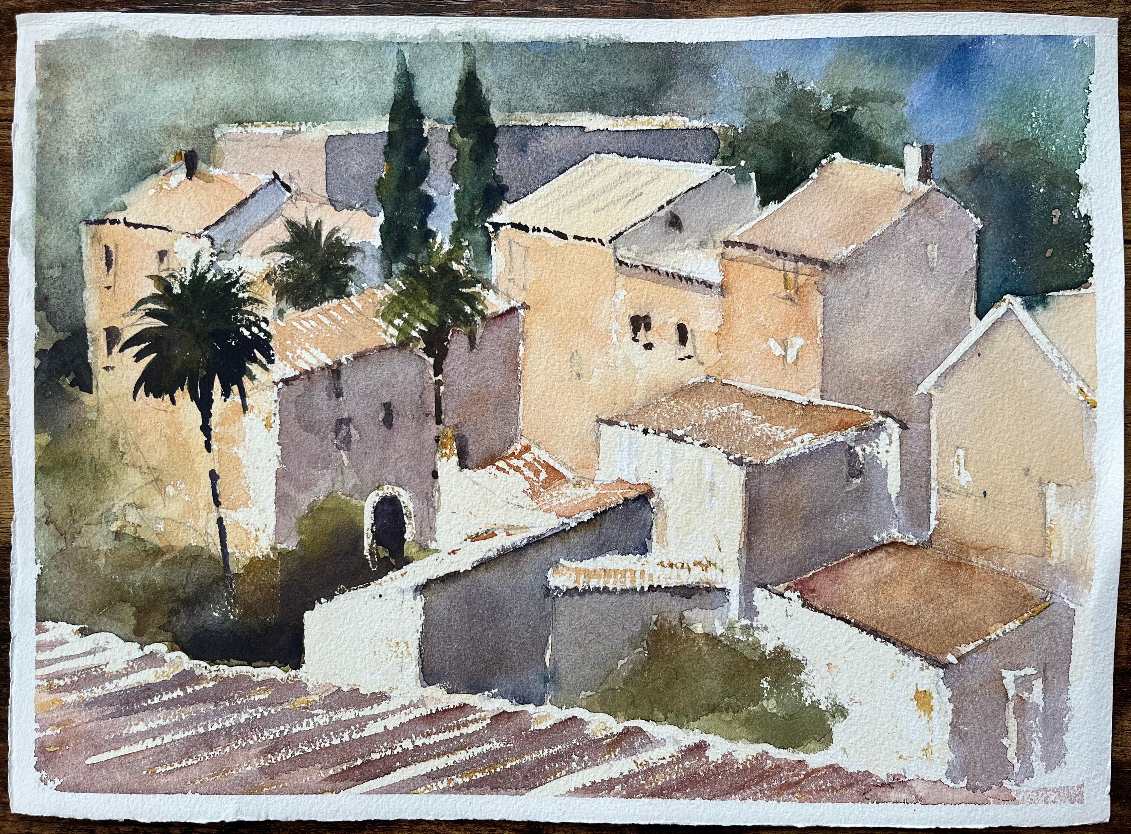 Britisches impressionistisches Aquarell mit mediterranen Dorfaufsätzen aus dem Mittelmeerraum – Painting von Anthony Avery