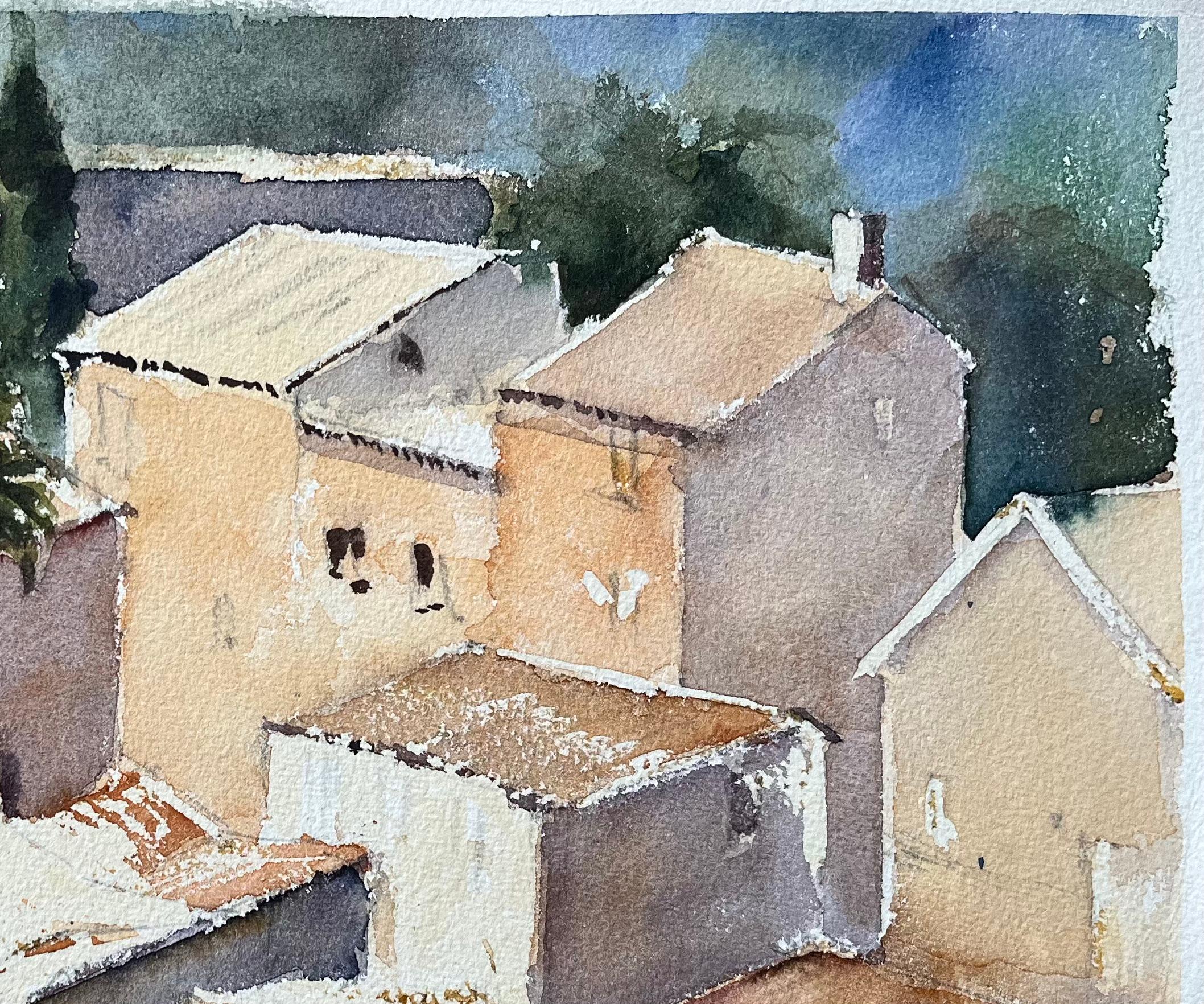 Britisches impressionistisches Aquarell mit mediterranen Dorfaufsätzen aus dem Mittelmeerraum (Grau), Landscape Painting, von Anthony Avery