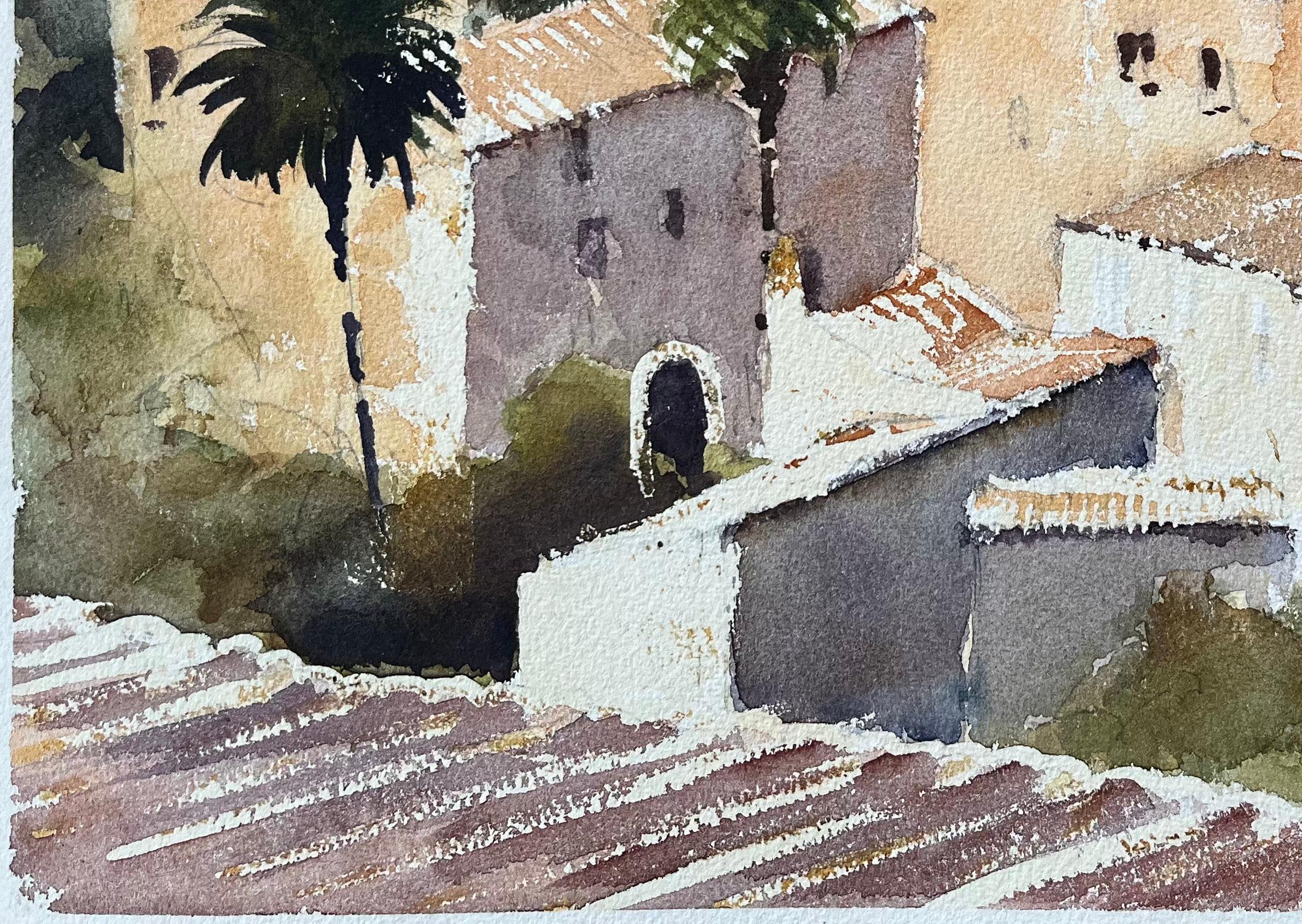 Titel: Aquarell eines britischen Impressionisten über den Dächern eines mediterranen Dorfes
Von Anthony Avery (Brite 1946-2023)
Original-Aquarell auf Künstlerpapier, ungerahmt
Abmessungen: 11,25 x 15,25 Zoll (Höhe x Breite)
Zustand: Gut, mit