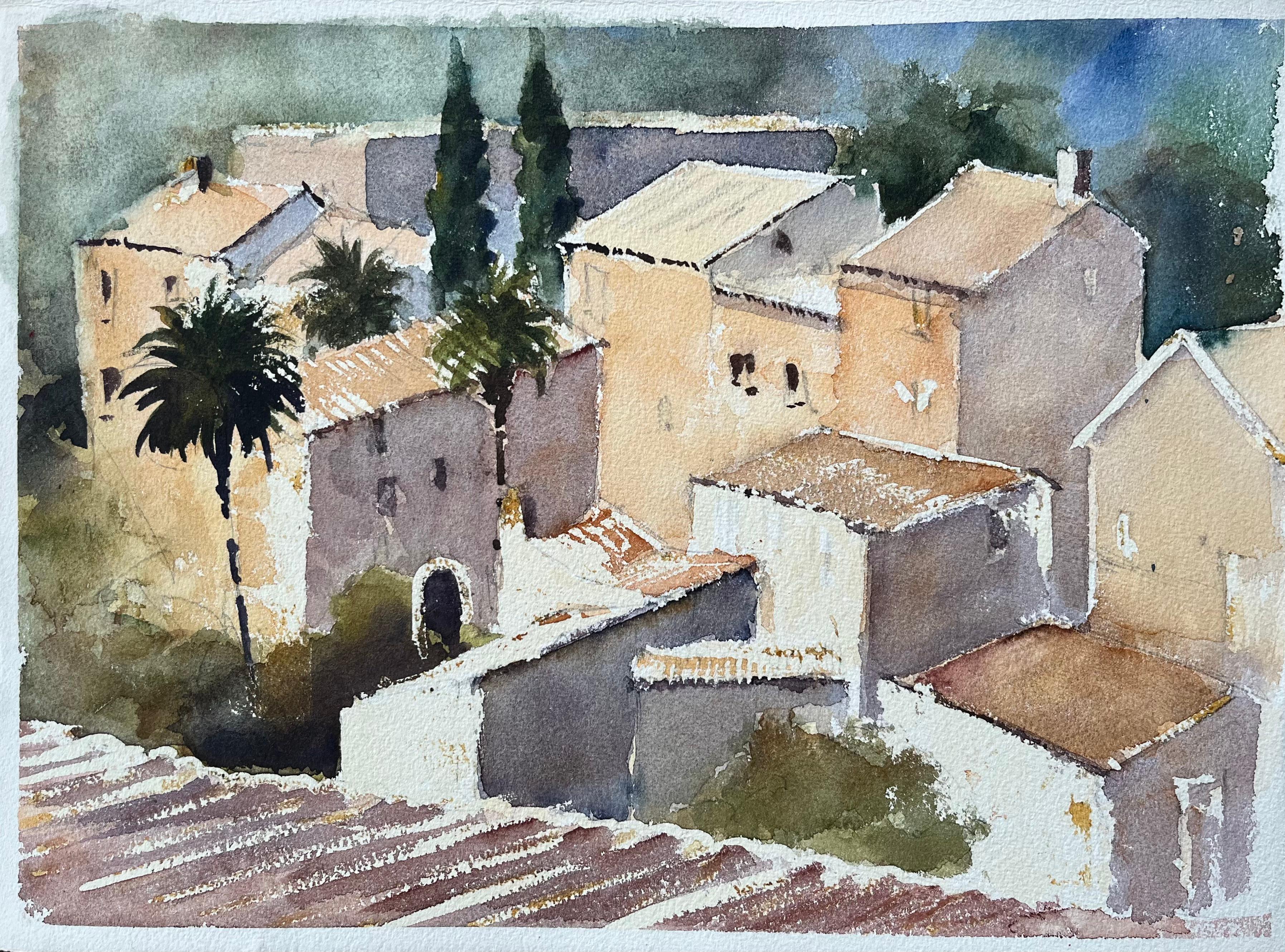 Britisches impressionistisches Aquarell mit mediterranen Dorfaufsätzen aus dem Mittelmeerraum