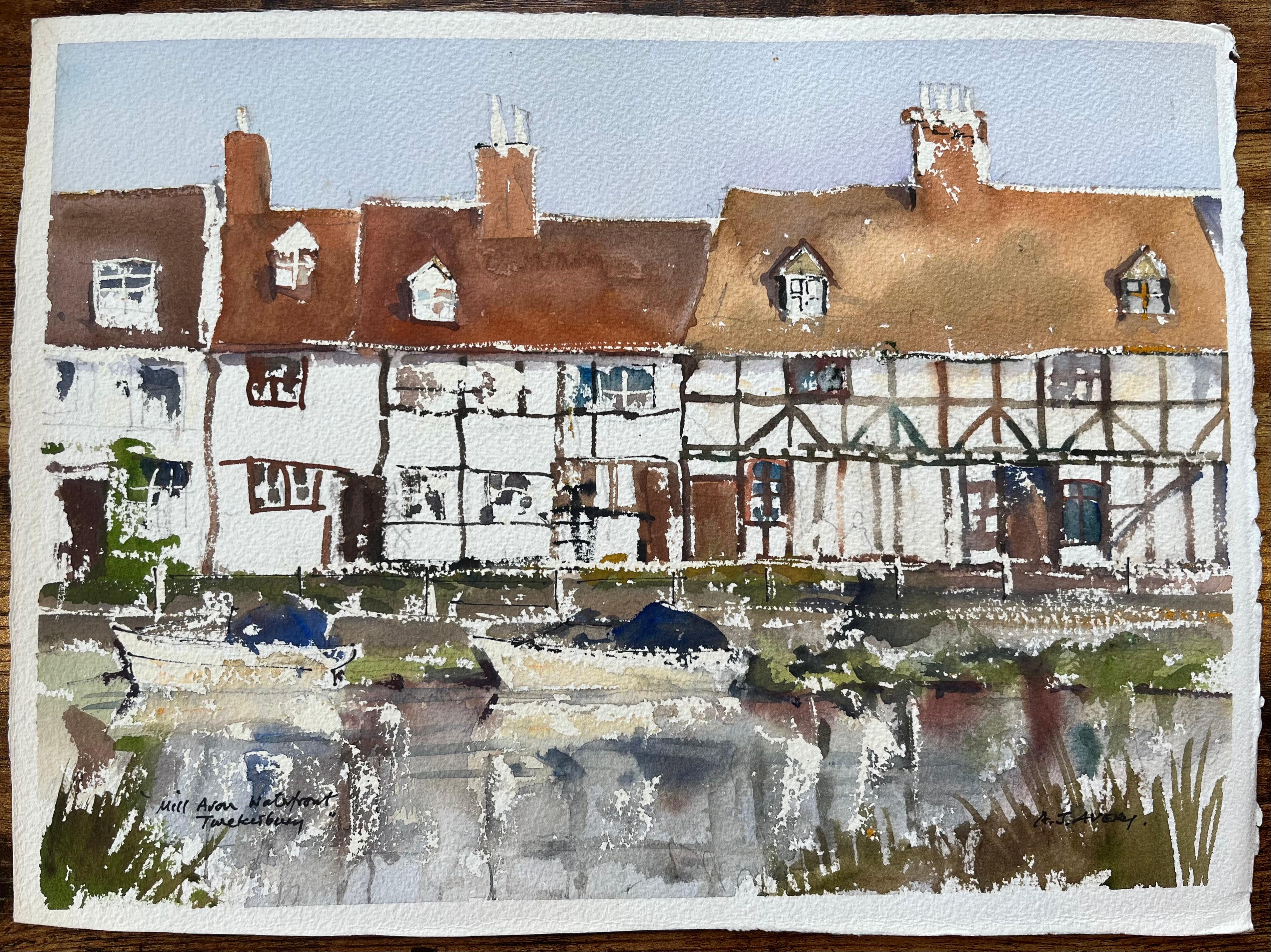 Aquarelle impressionniste britannique du front de mer de Mill Avon à Tewkesbury - Painting de Anthony Avery