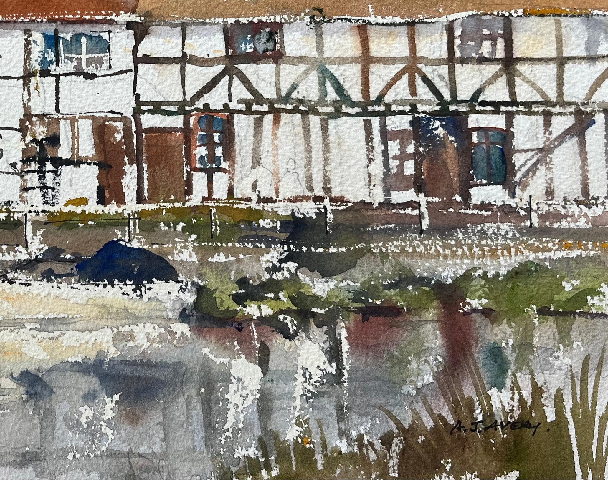 Aquarelle impressionniste britannique du front de mer de Mill Avon à Tewkesbury - Impressionnisme Painting par Anthony Avery