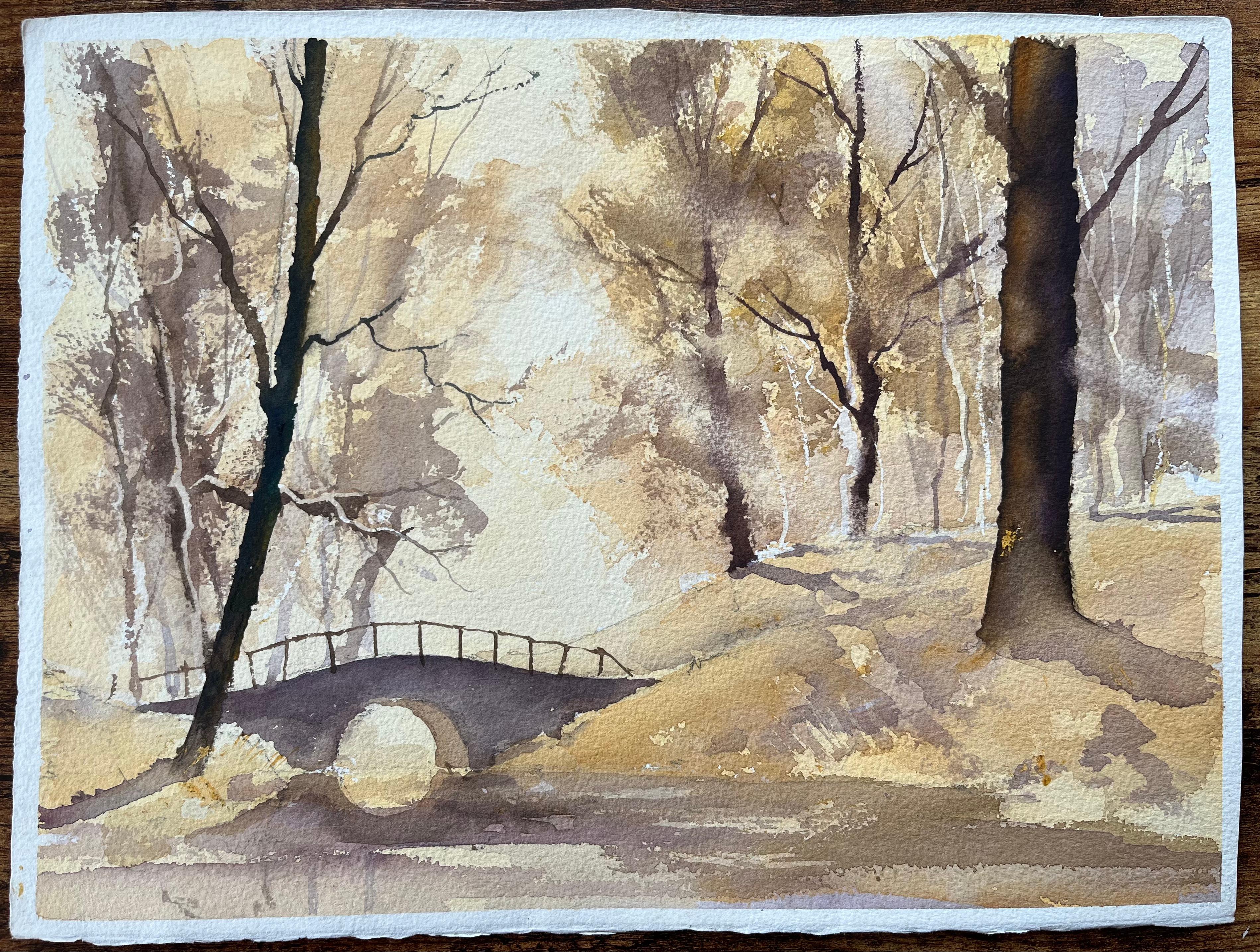 Acuarela impresionista británica de escena de bosque brumoso en tonos sepia - Painting de Anthony Avery