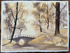 British Impressionist Watercolor of Misty Forest Scene in Sepia Tones