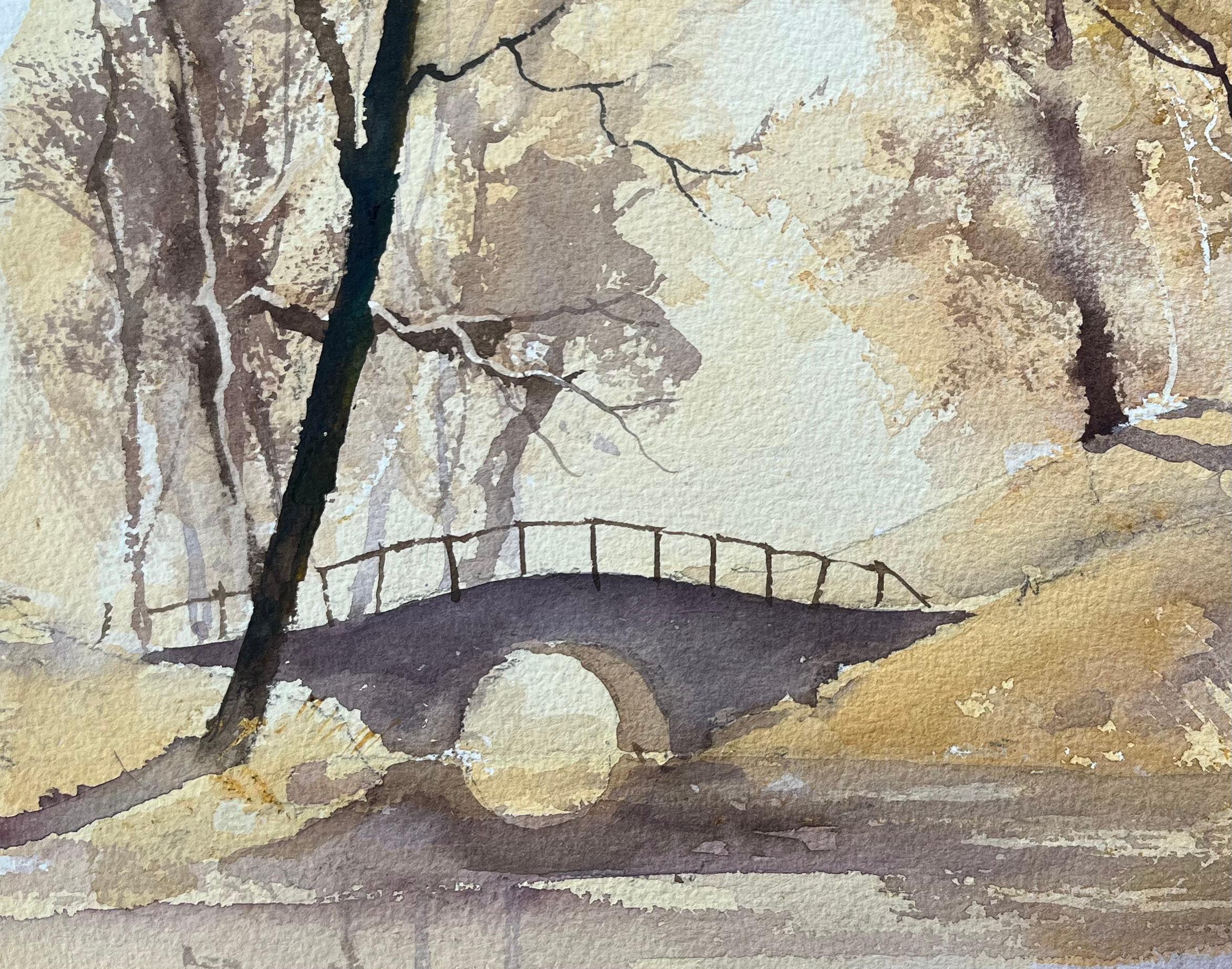 Acuarela impresionista británica de escena de bosque brumoso en tonos sepia - Painting Impresionista de Anthony Avery