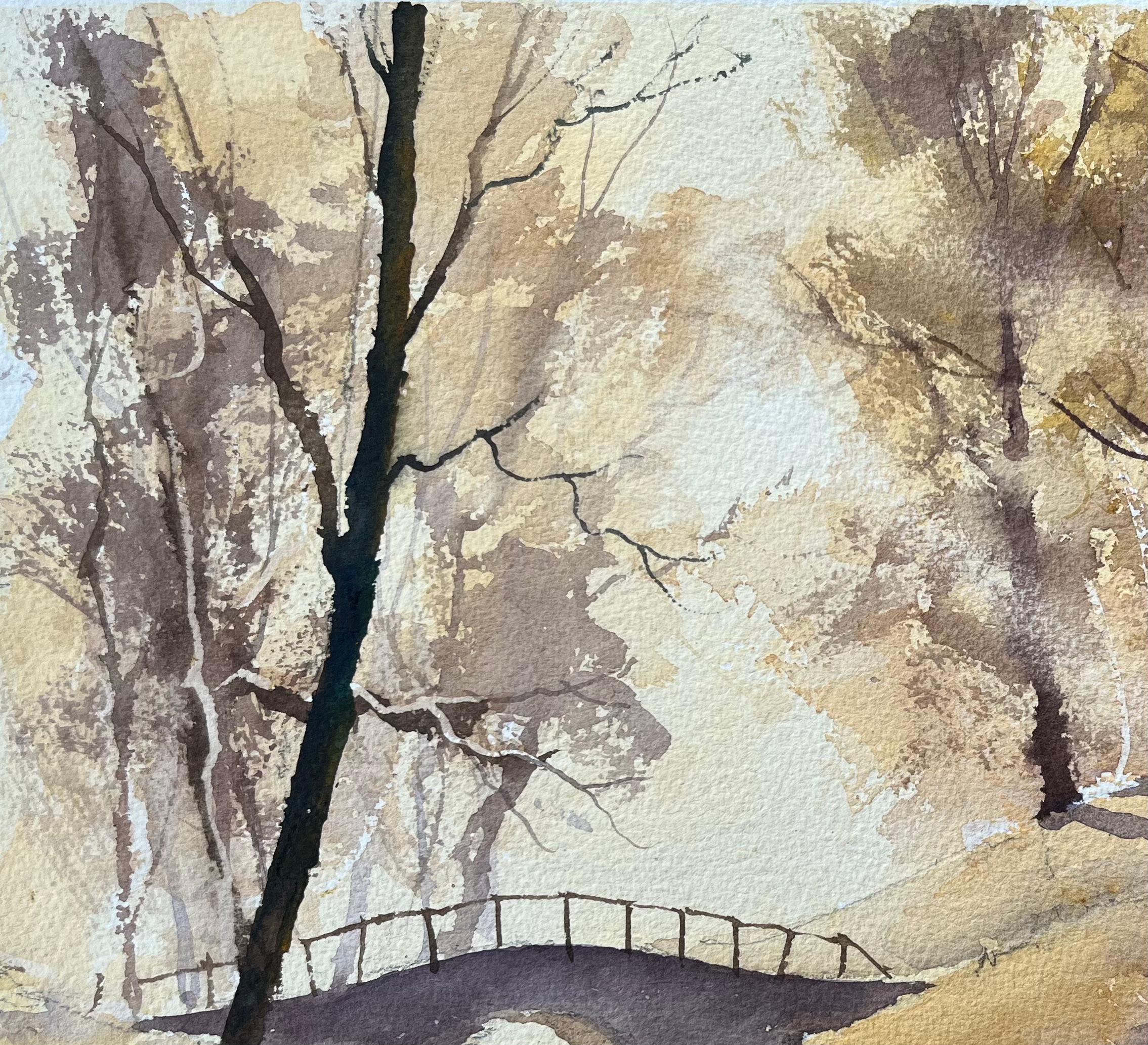 Acuarela impresionista británica de escena de bosque brumoso en tonos sepia - Landscape Painting Marrón de Anthony Avery