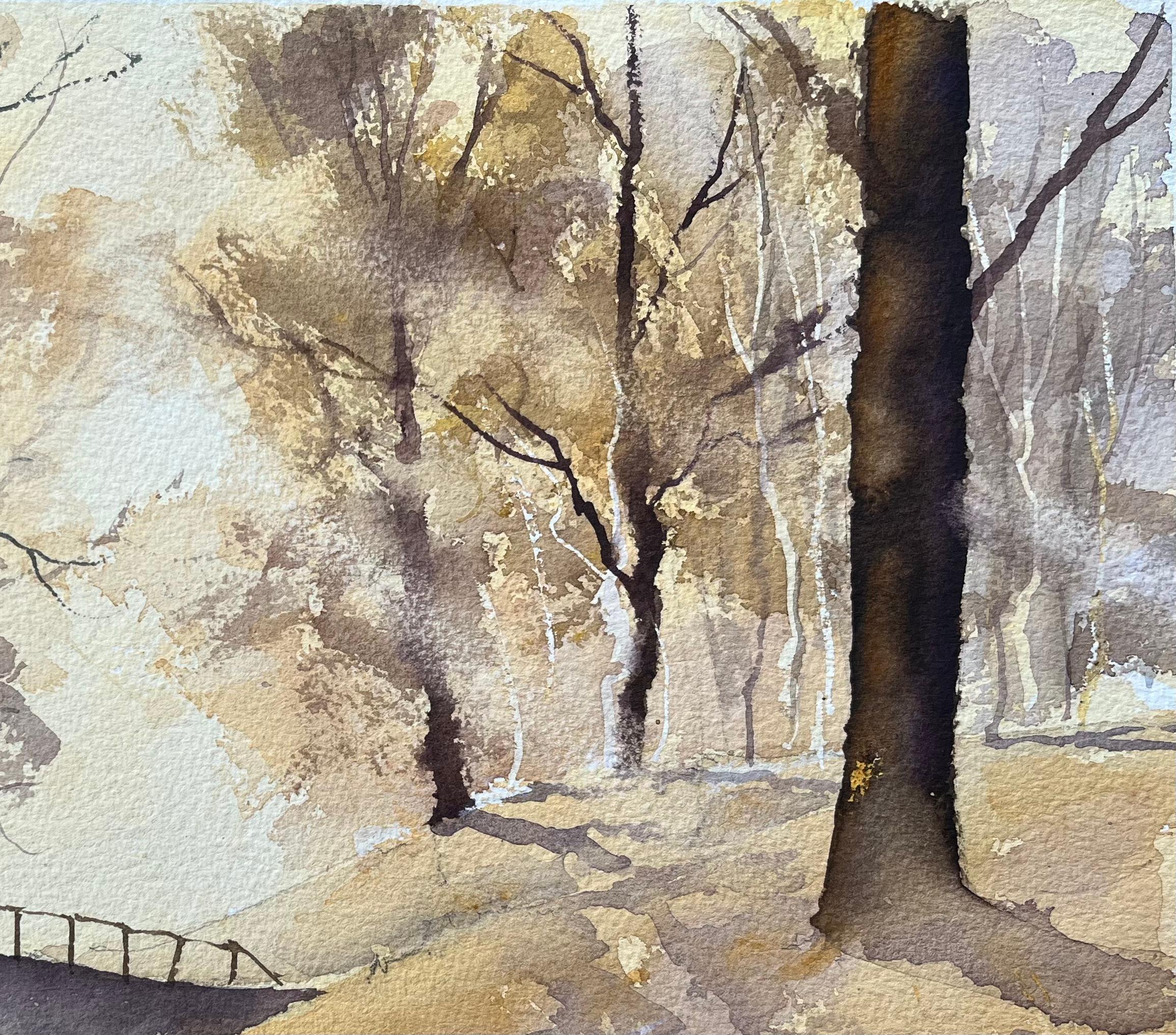 Título: Acuarela impresionista británica de escena de bosque brumoso en tonos sepia
de Anthony Avery (británico 1946-2023)
Acuarela original sobre papel de artista, sin enmarcar
Dimensiones: 11,25 x 15 pulgadas (Alto x Ancho)
Estado: Bueno, con