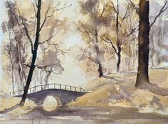 British Impressionist Watercolor of Misty Forest Scene in Sepia Tones