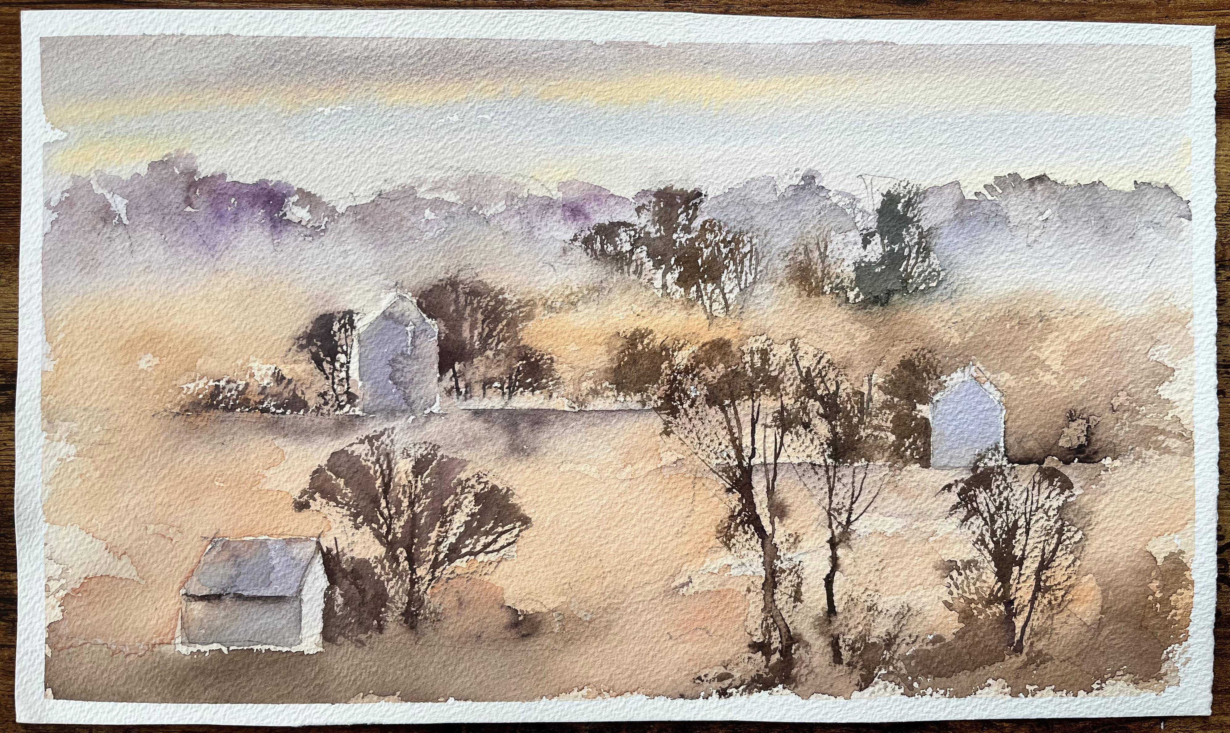 Britischer Impressionist Aquarell von nebligen Morgen Landschaft mit fernen Häusern – Painting von Anthony Avery