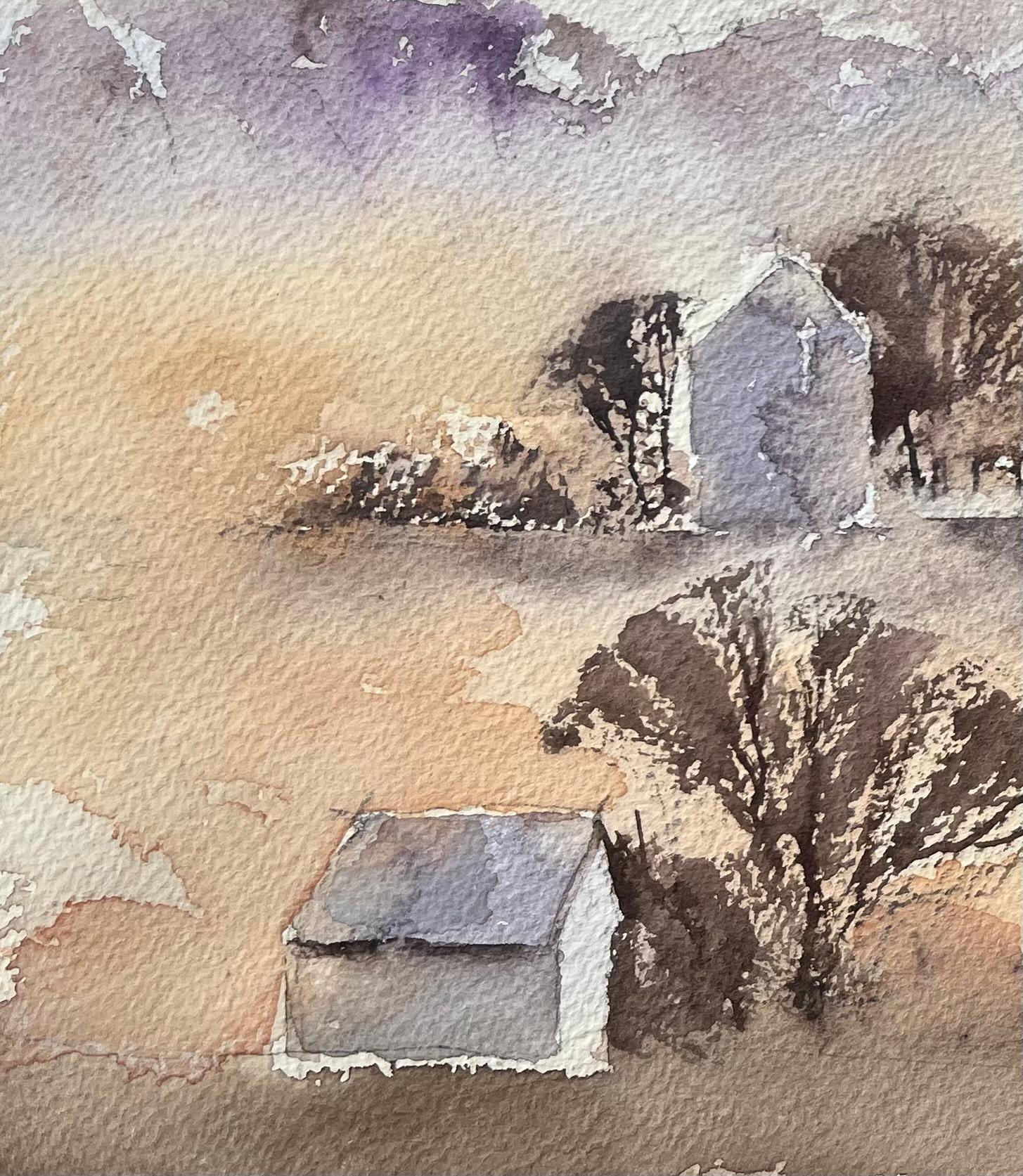 Britischer Impressionist Aquarell von nebligen Morgen Landschaft mit fernen Häusern (Impressionismus), Painting, von Anthony Avery