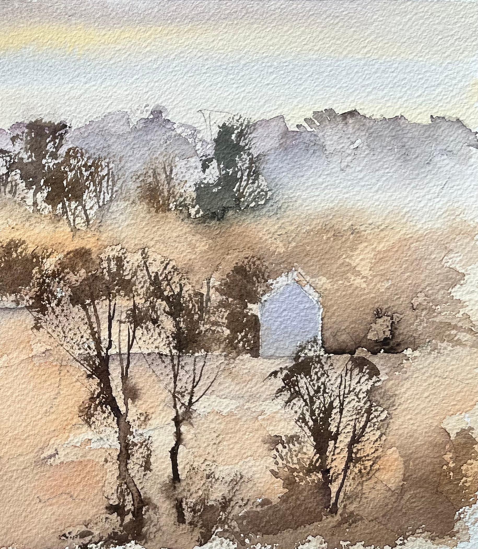 Britischer Impressionist Aquarell von nebligen Morgen Landschaft mit fernen Häusern im Angebot 1