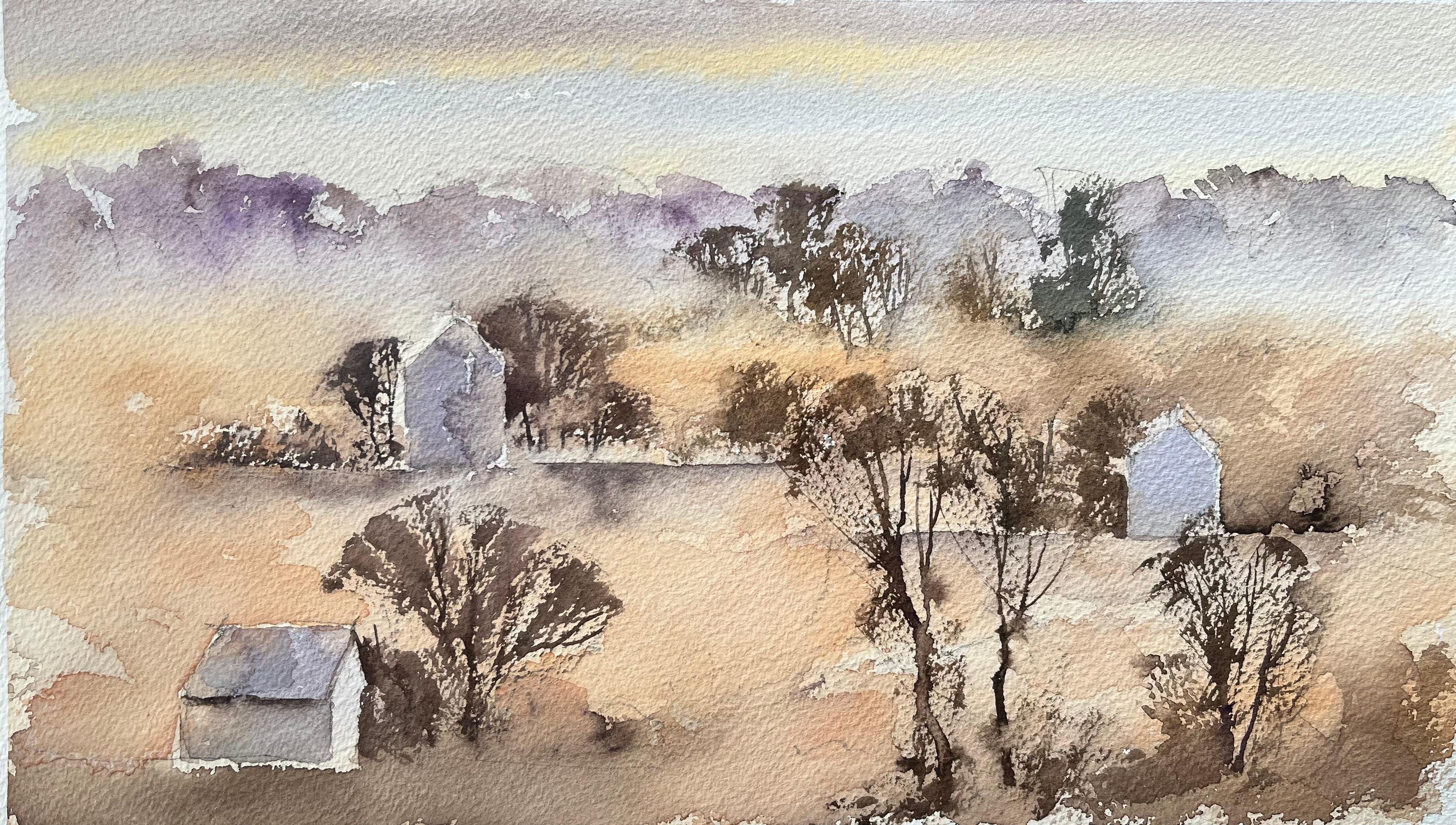 Britischer Impressionist Aquarell von nebligen Morgen Landschaft mit fernen Häusern