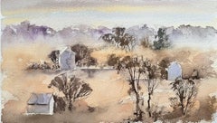 British Impressionist Watercolor of Misty Morning Landscape with Distant Houses