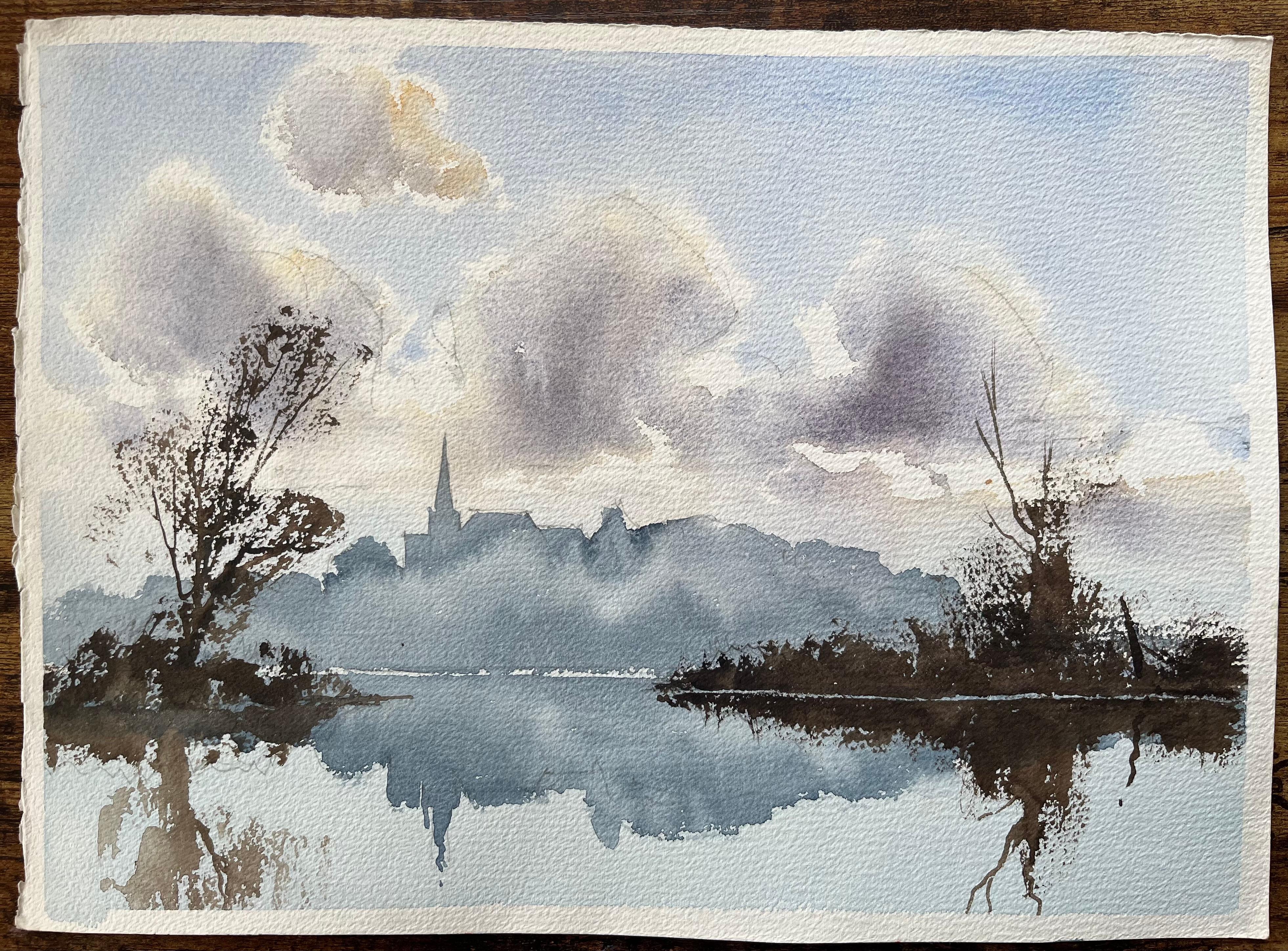 Britisches impressionistisches Aquarell des britischen Impressionismus, Misty Reflection mit Spire Silhouette – Painting von Anthony Avery