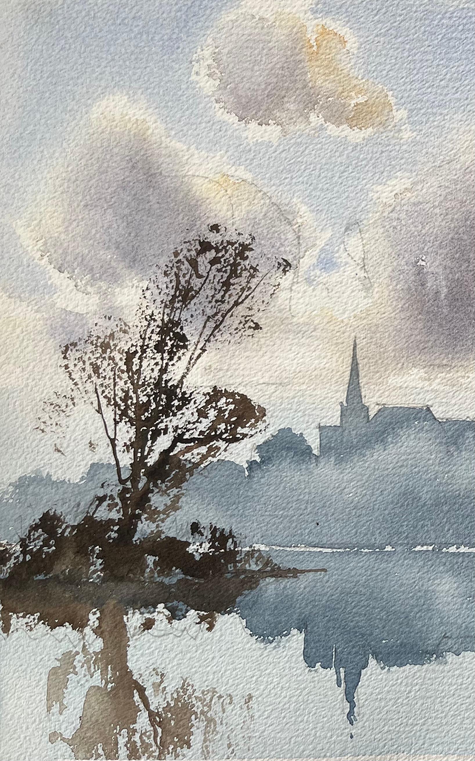 Britisches impressionistisches Aquarell des britischen Impressionismus, Misty Reflection mit Spire Silhouette im Angebot 1