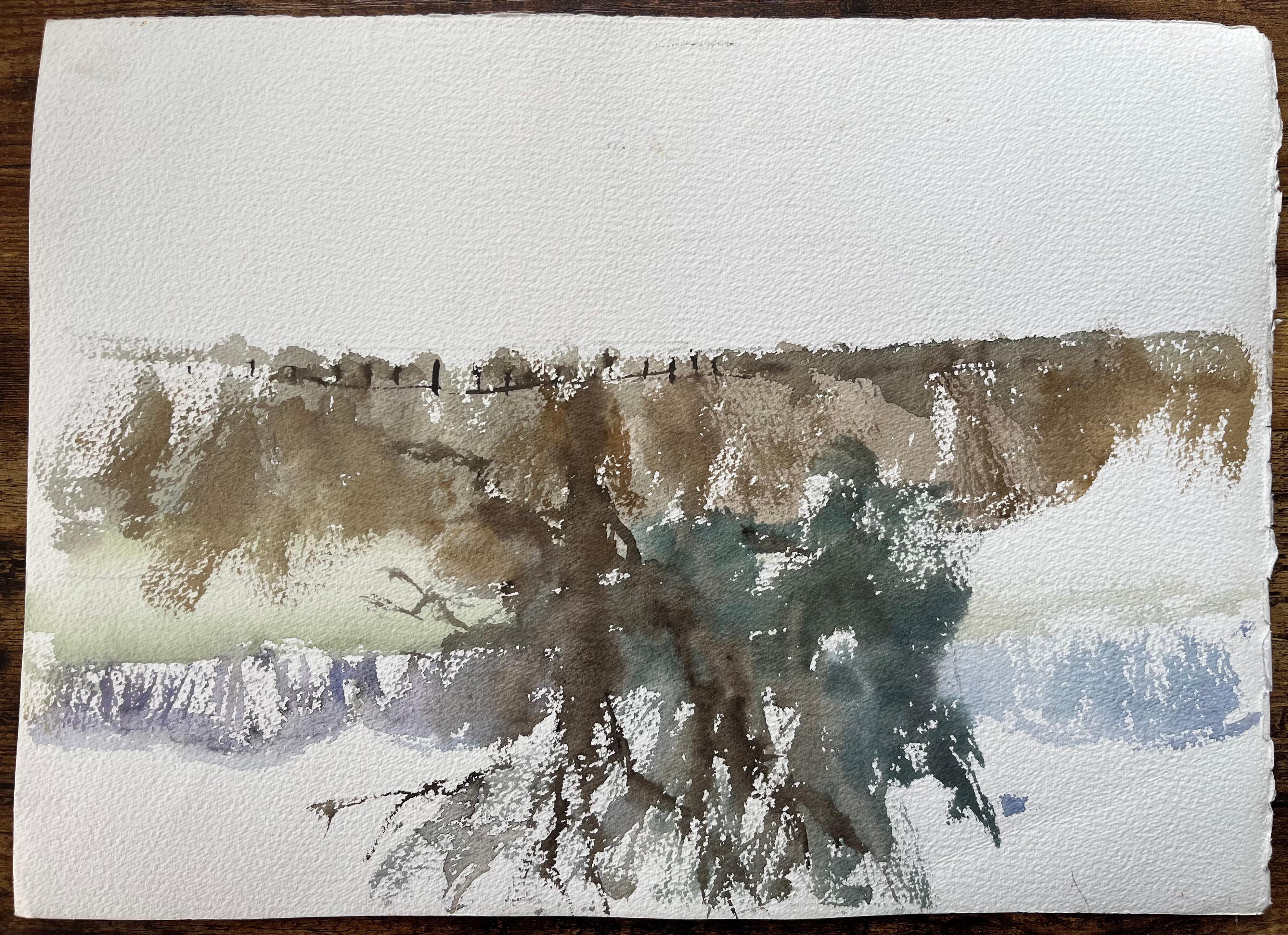 Britisches impressionistisches Aquarell des britischen Impressionismus, Misty Reflection mit Spire Silhouette im Angebot 2