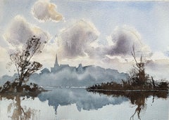 British Impressionist Watercolor of Misty Reflection with Spire Silhouette