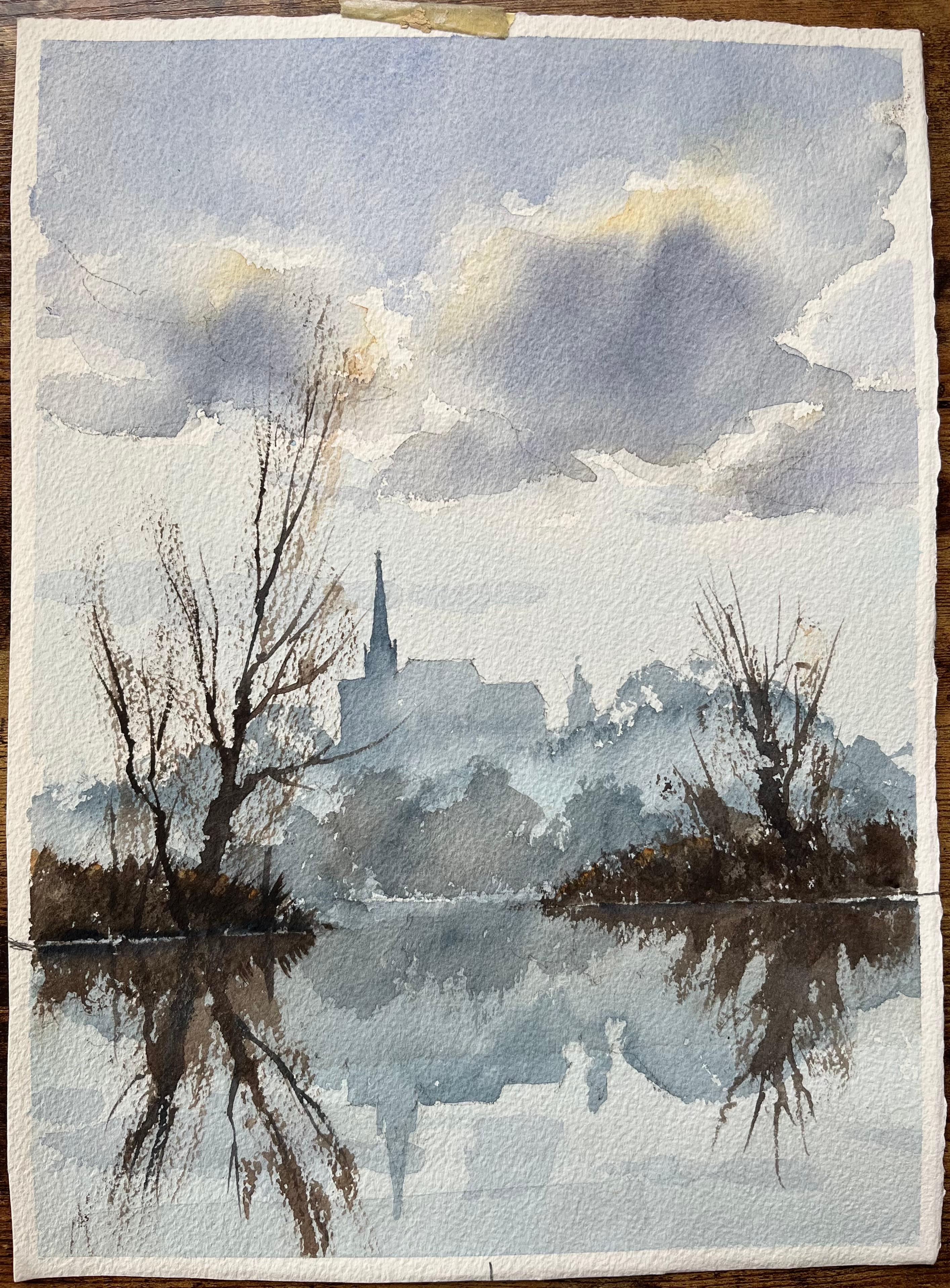 Britisches impressionistisches Aquarell des britischen Impressionismus von Misty Riverside mit Kirchenreflexion – Painting von Anthony Avery