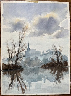 British Impressionist Watercolor of Misty Riverside with Church Reflection