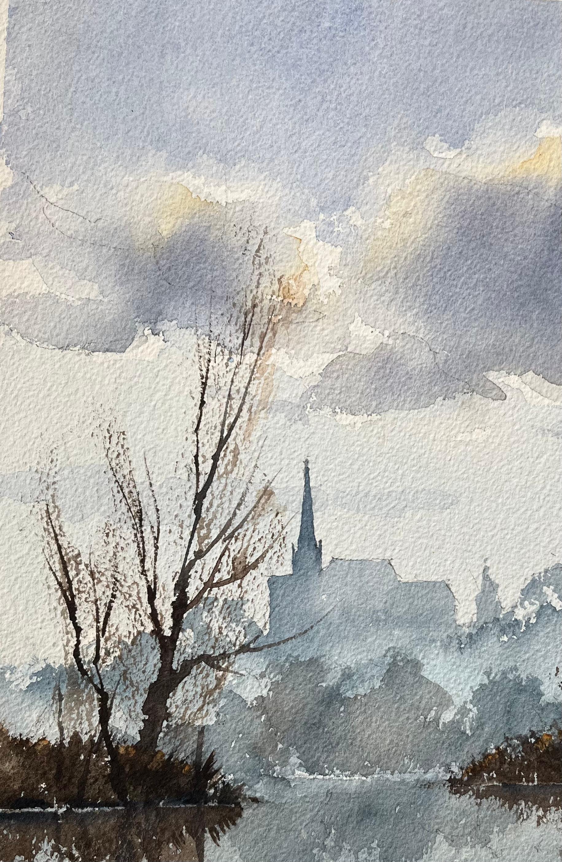 Britisches impressionistisches Aquarell des britischen Impressionismus von Misty Riverside mit Kirchenreflexion im Angebot 2