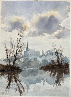 British Impressionist Watercolor of Misty Riverside with Church Reflection
