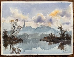 British Impressionist Watercolor of Misty Riverside with Church Spire Silhouette