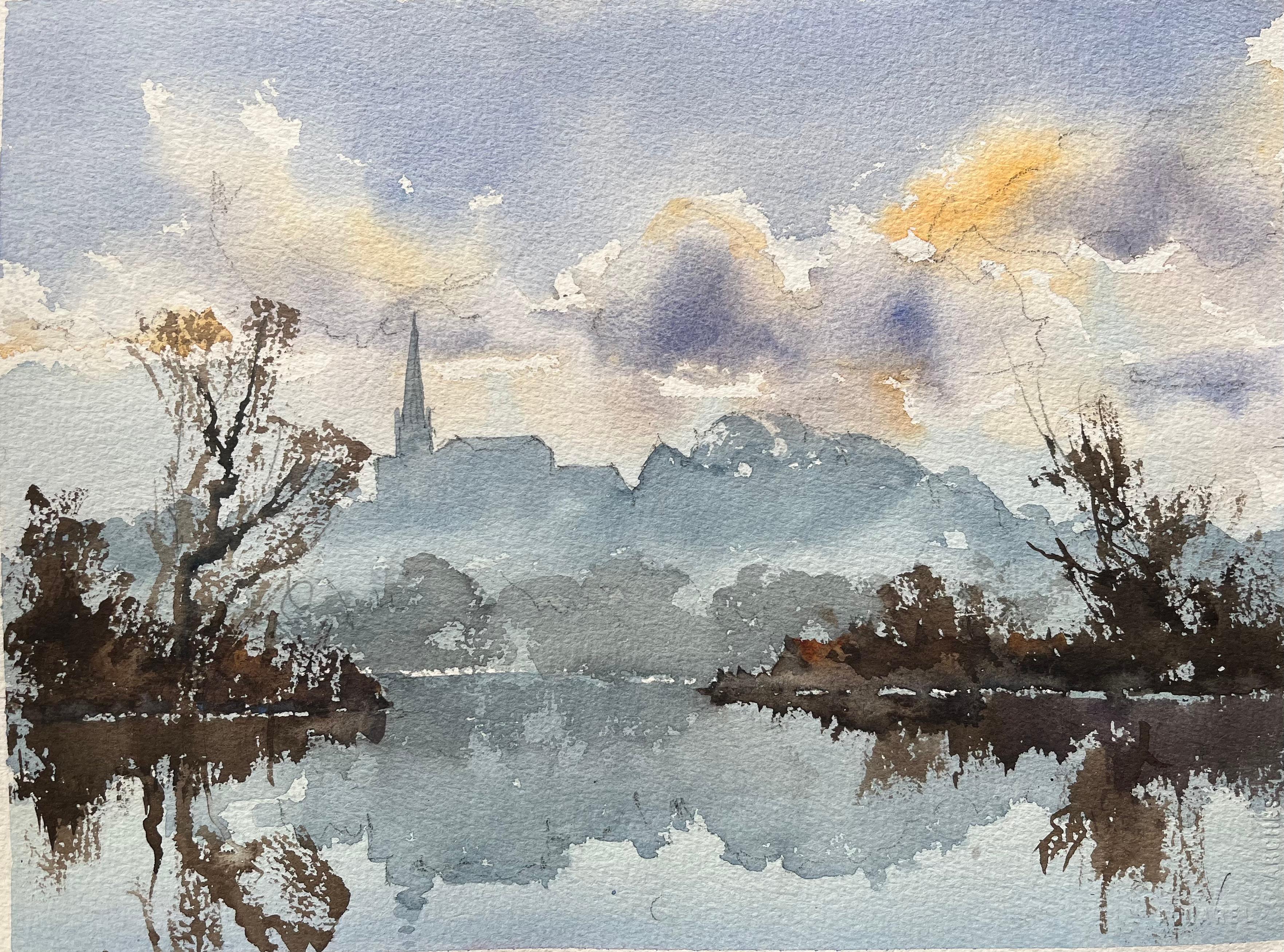 Britischer Impressionist Aquarell von Misty Riverside mit Church Spire Silhouette