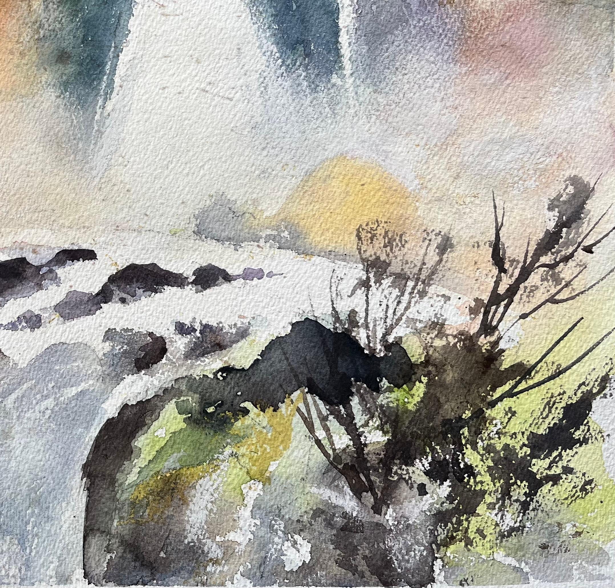 Acuarela impresionista británica de una cascada brumosa al amanecer - Painting Impresionista de Anthony Avery