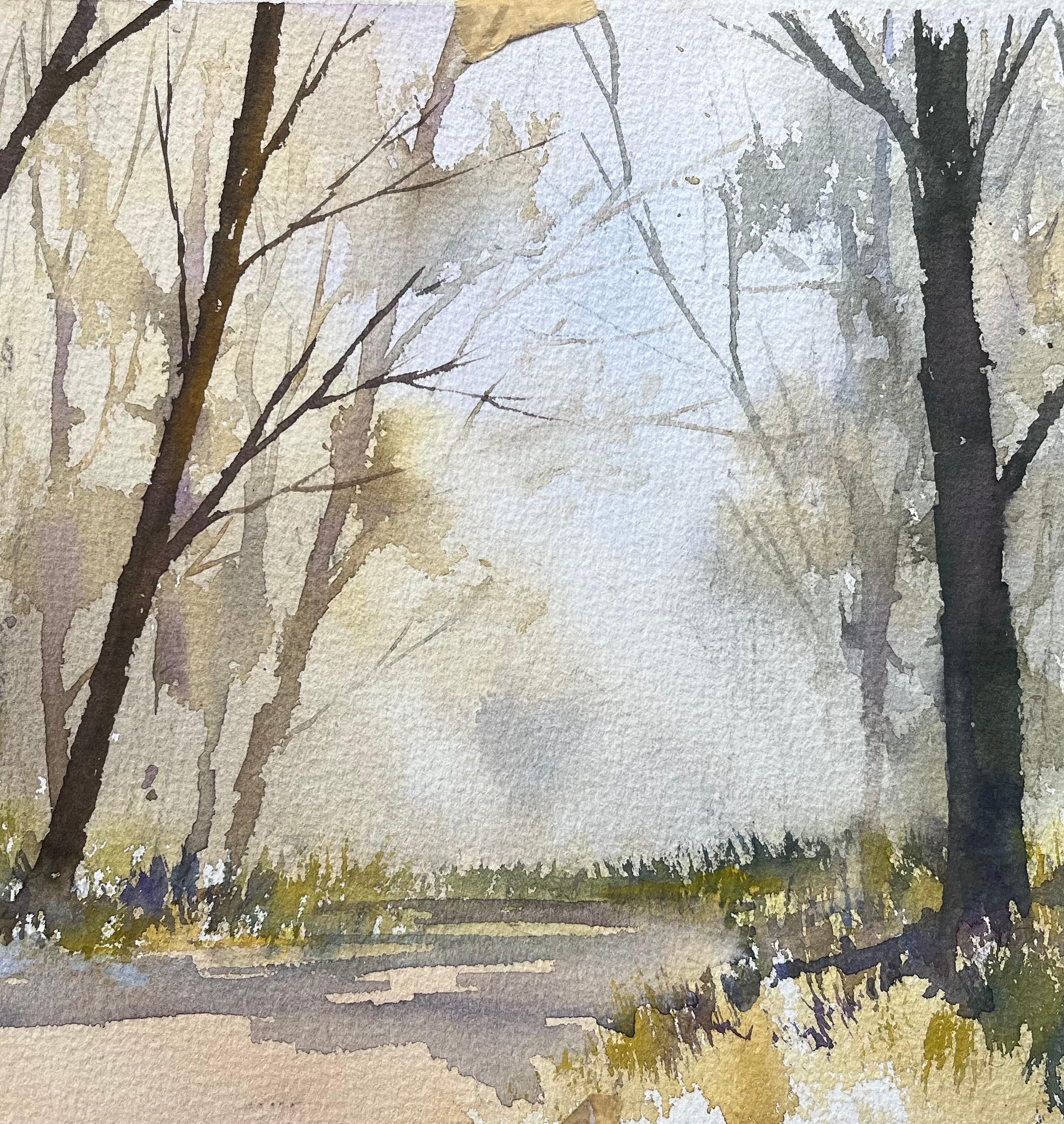 Britischer Impressionist Aquarell von nebligen Waldweg (Grau), Landscape Painting, von Anthony Avery