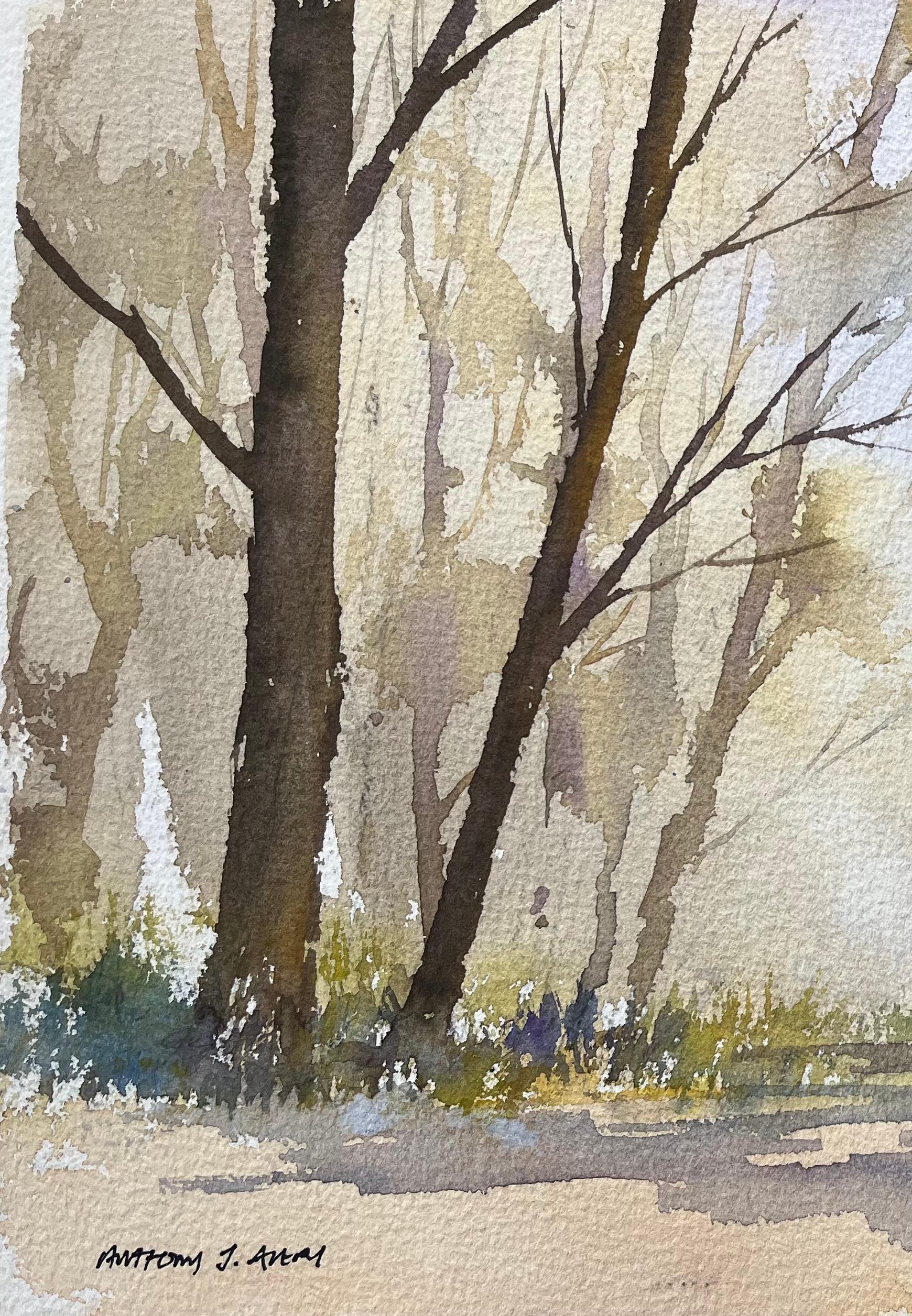 Titel: Britischer Impressionist Aquarell von nebligem Waldweg
von Anthony Avery (Brite 1946-2023)
Original-Aquarell auf Künstlerpapier, ungerahmt
Abmessungen: 10,75 x 15,25 Zoll (Höhe x Breite)
Unterschrieben: Ja
Zustand: Gut 
Provenienz: aus einer