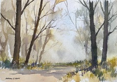 Britischer Impressionist Aquarell von nebligen Waldweg