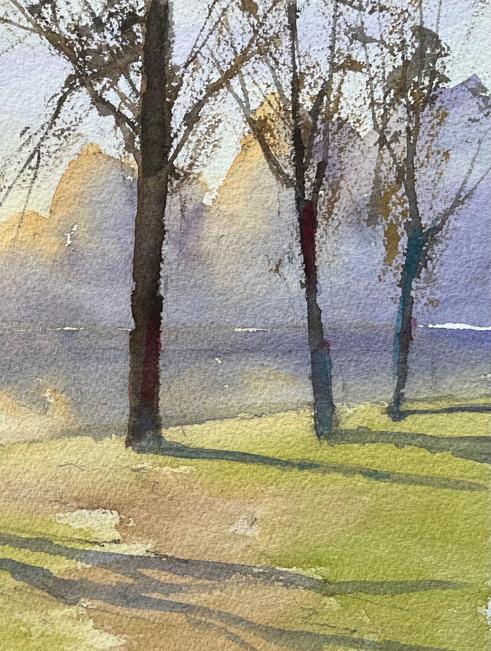 Acuarela impresionista británica de Sombras matinales junto al lago - Painting de Anthony Avery