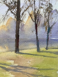 British Impressionist Watercolor of Morning Shadows by the Lake