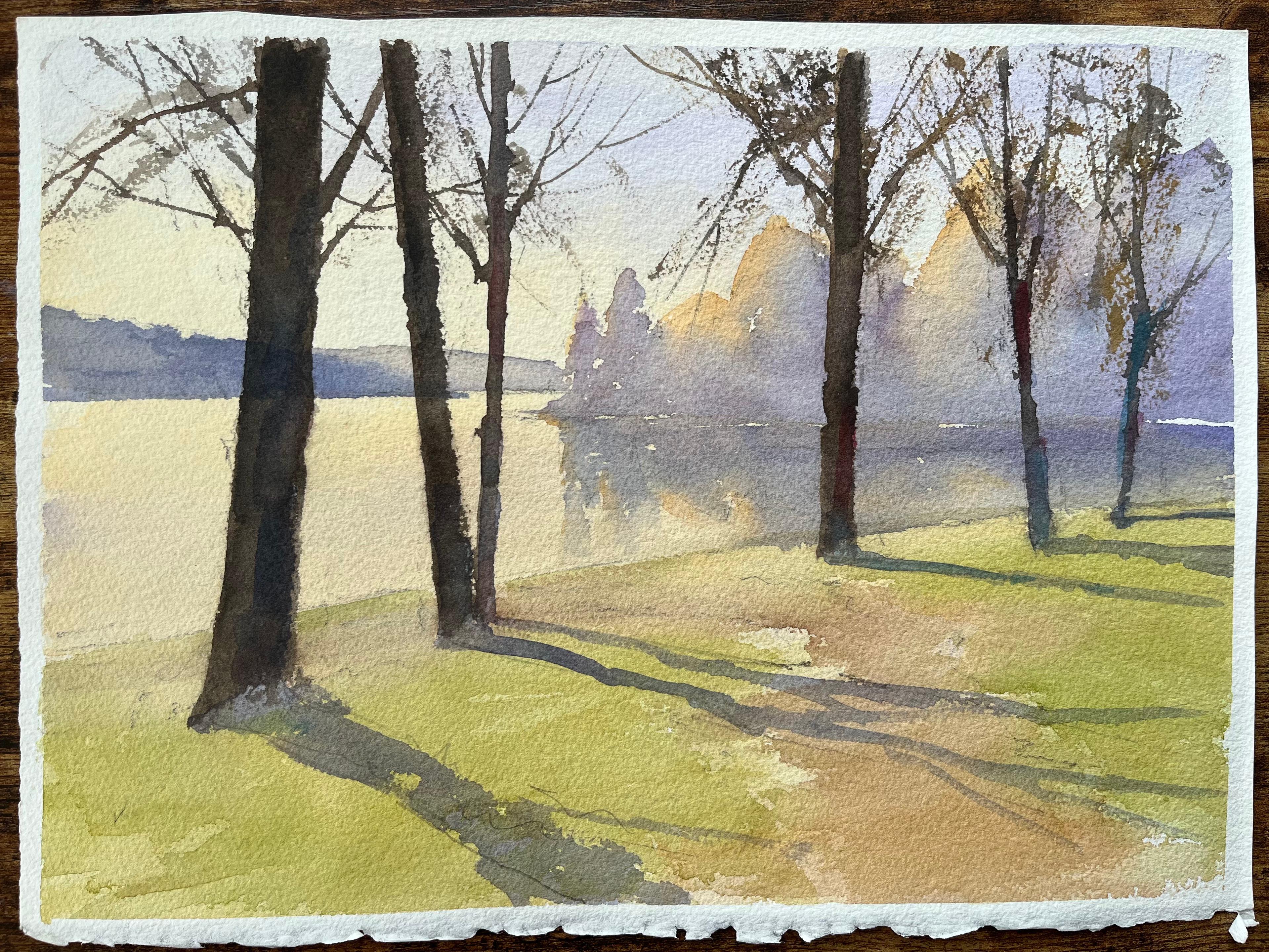Acuarela impresionista británica de Sombras matinales junto al lago - Painting Impresionista de Anthony Avery