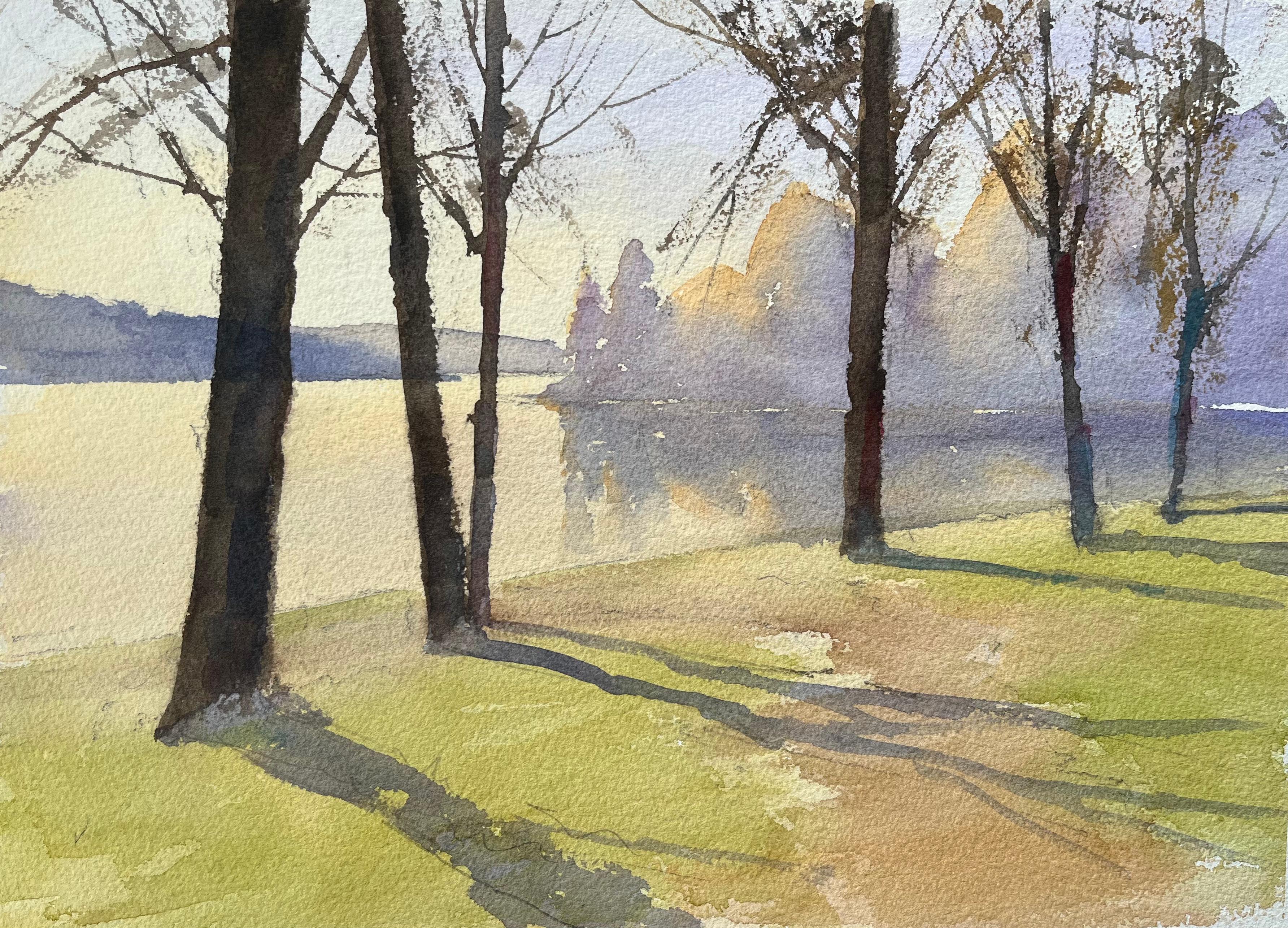 Landscape Painting de Anthony Avery - Acuarela impresionista británica de Sombras matinales junto al lago